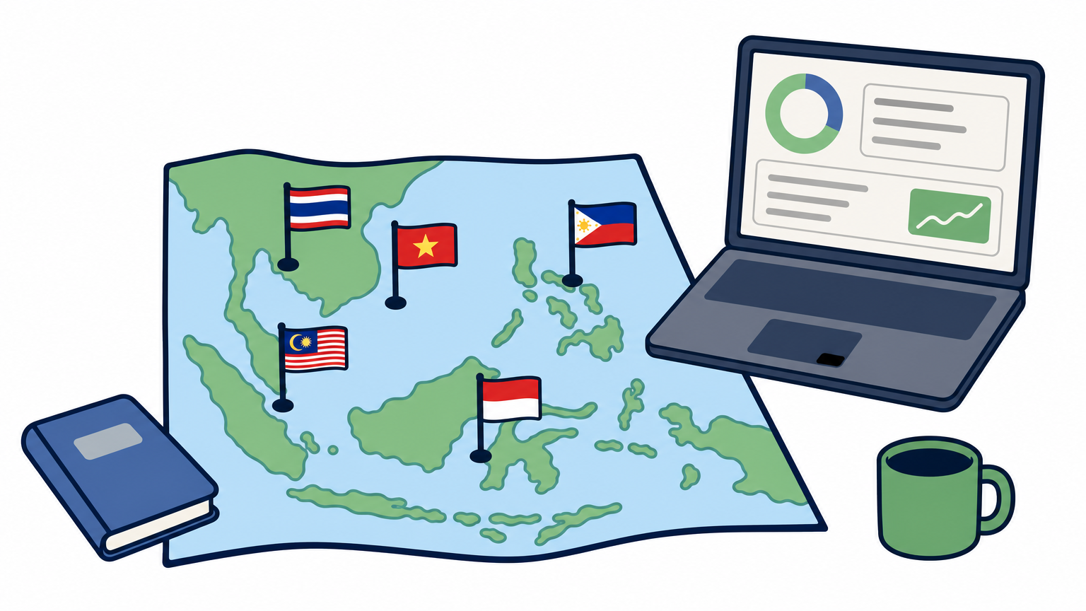 A map of Southeast Asia with country markers next to a laptop showing a payment dashboard.