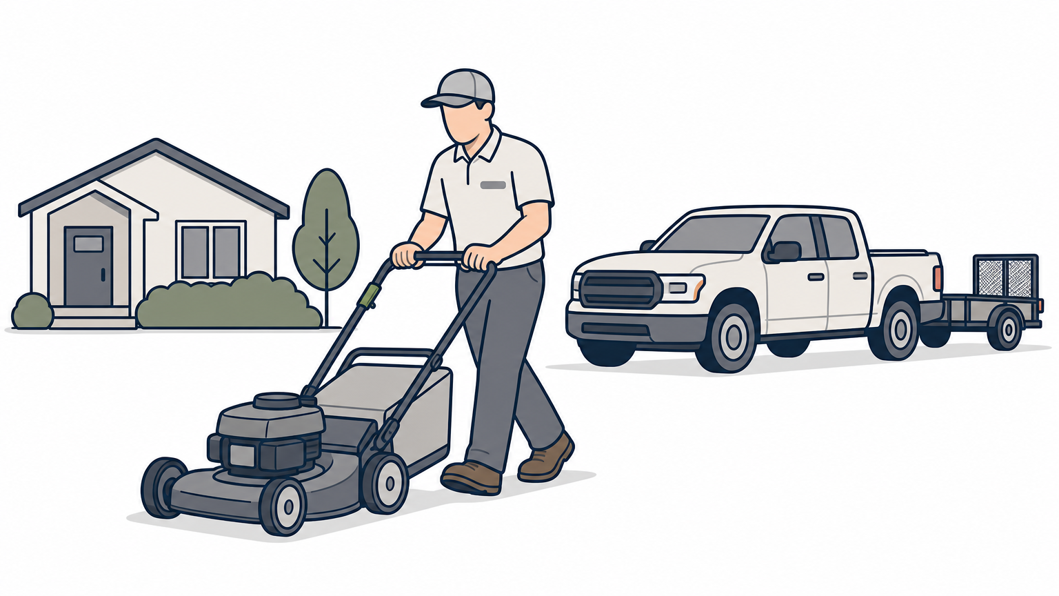 A solo lawn care worker mows a residential yard with a truck and trailer parked nearby.