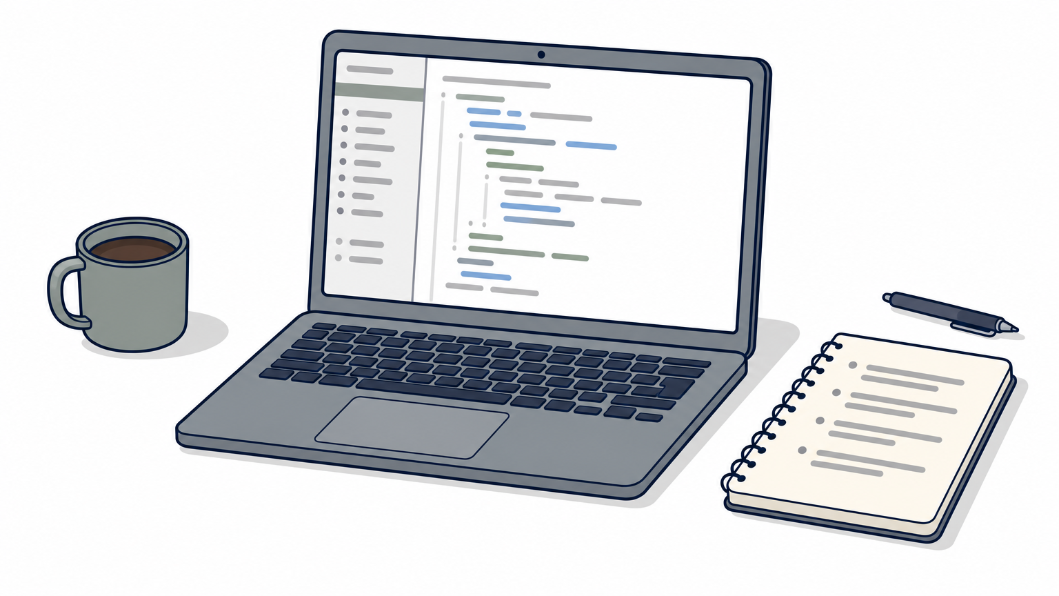 Laptop showing Vue code on a desk with a notepad of interview questions and a coffee cup.