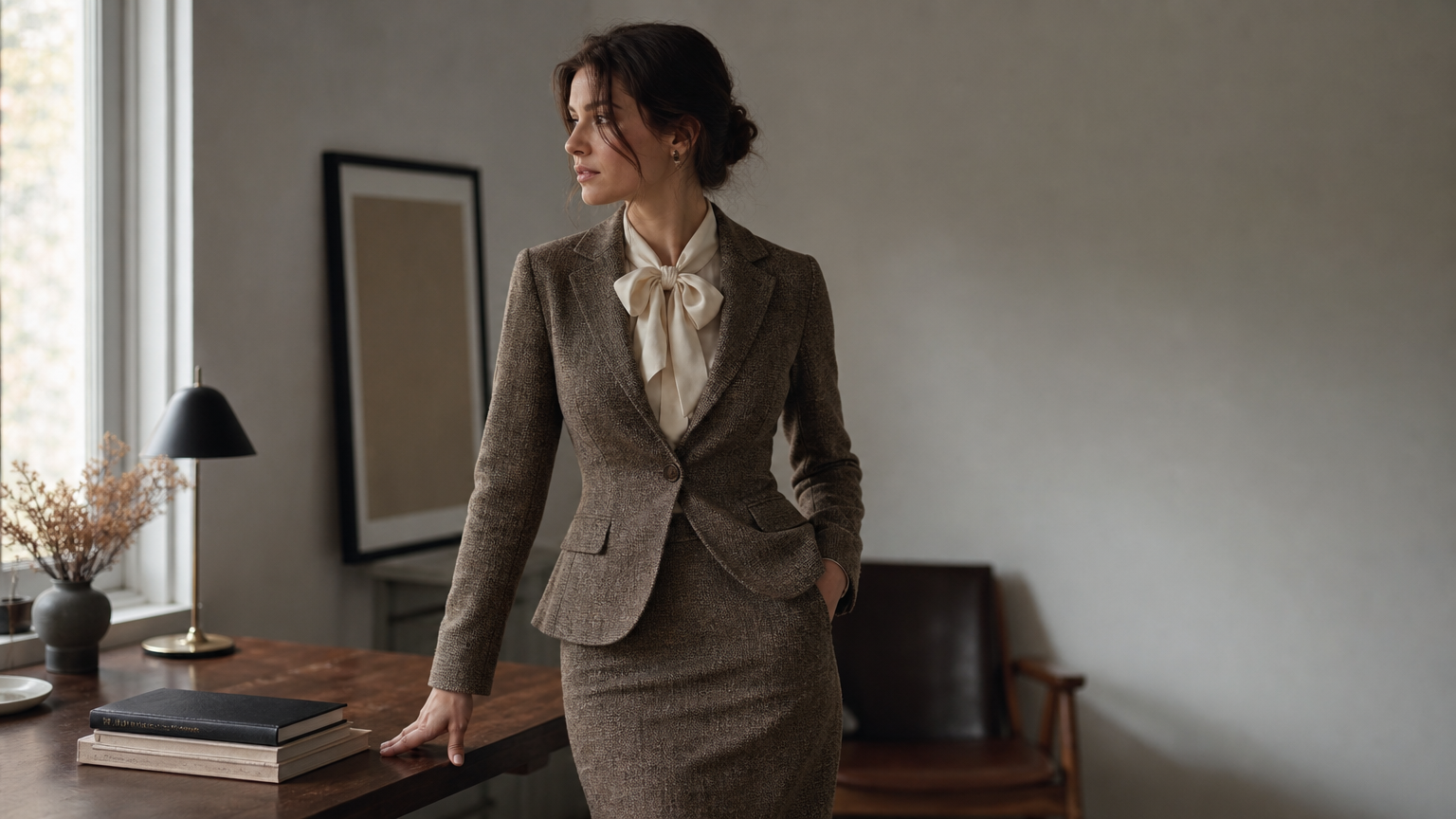 A woman wearing a fitted tweed blazer, pencil skirt, and bow blouse.
