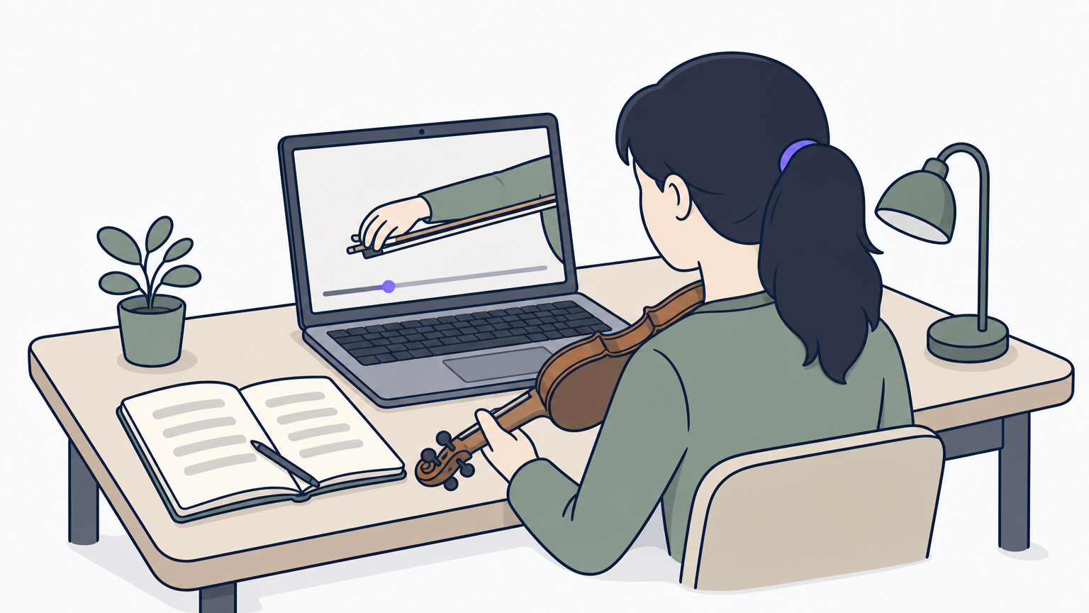 Violin student watching a laptop video of slow-motion bowing technique while taking notes.