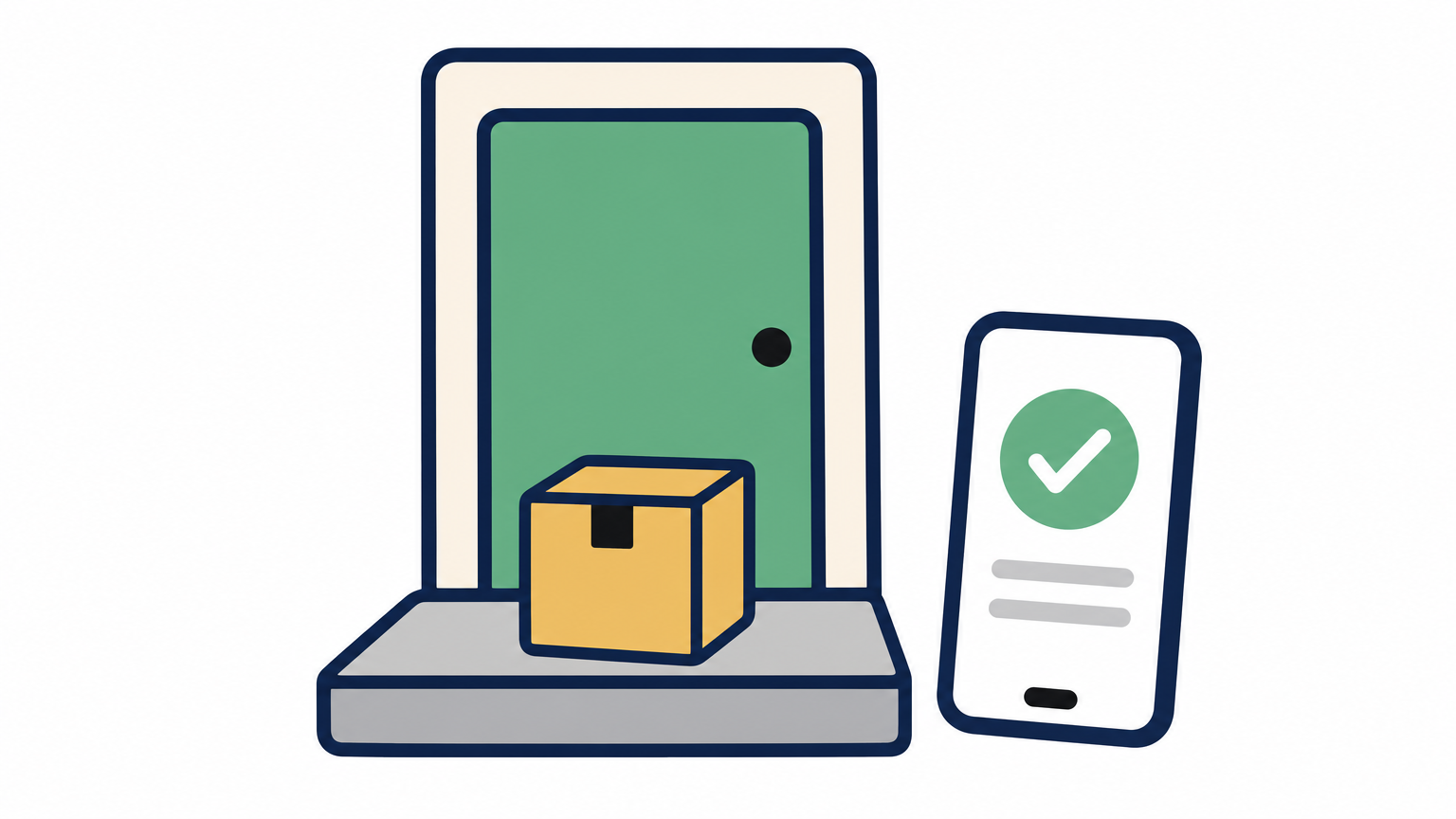 A delivered package next to a phone displaying a payment confirmation screen.