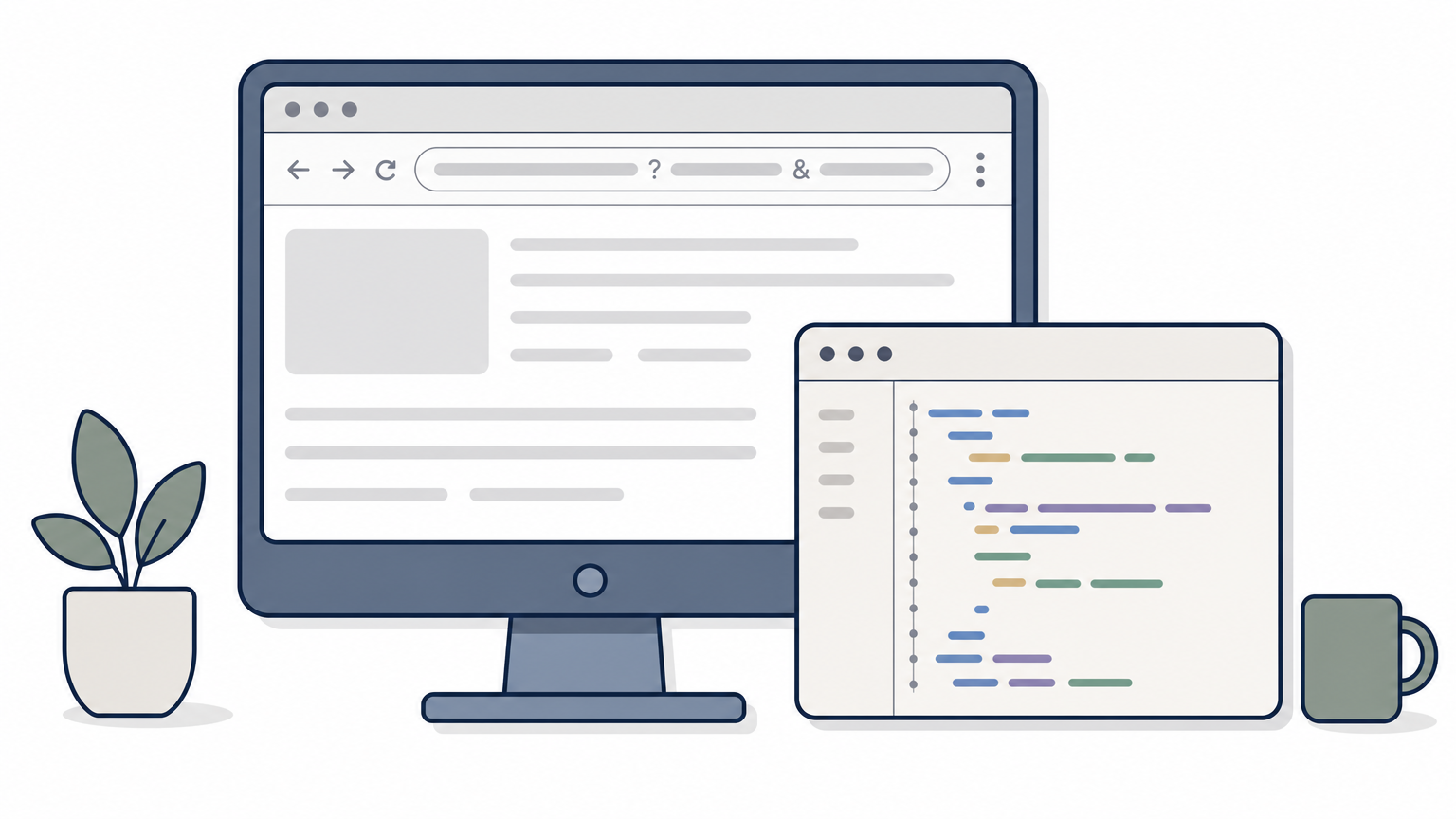 Desktop monitor displaying a browser URL with query parameters next to a state management code window.