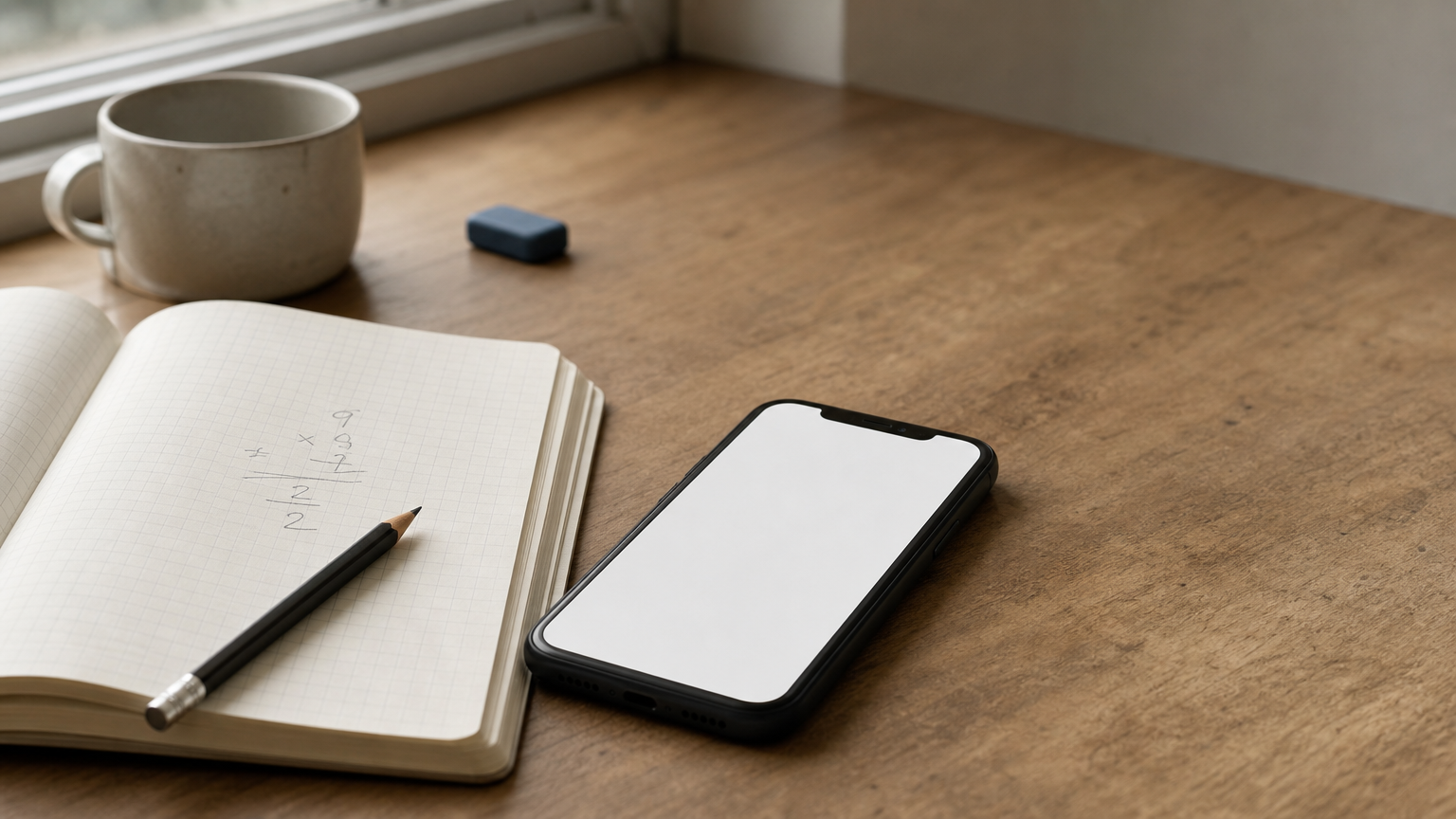 A smartphone displaying a math equation beside a notebook with a pencil.