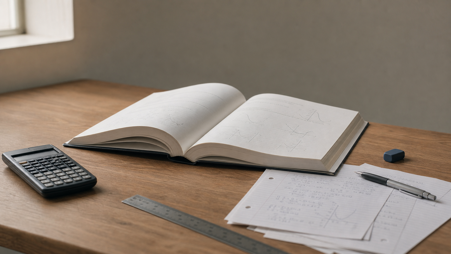 An open textbook with graphs on a desk alongside a calculator and handwritten math notes.