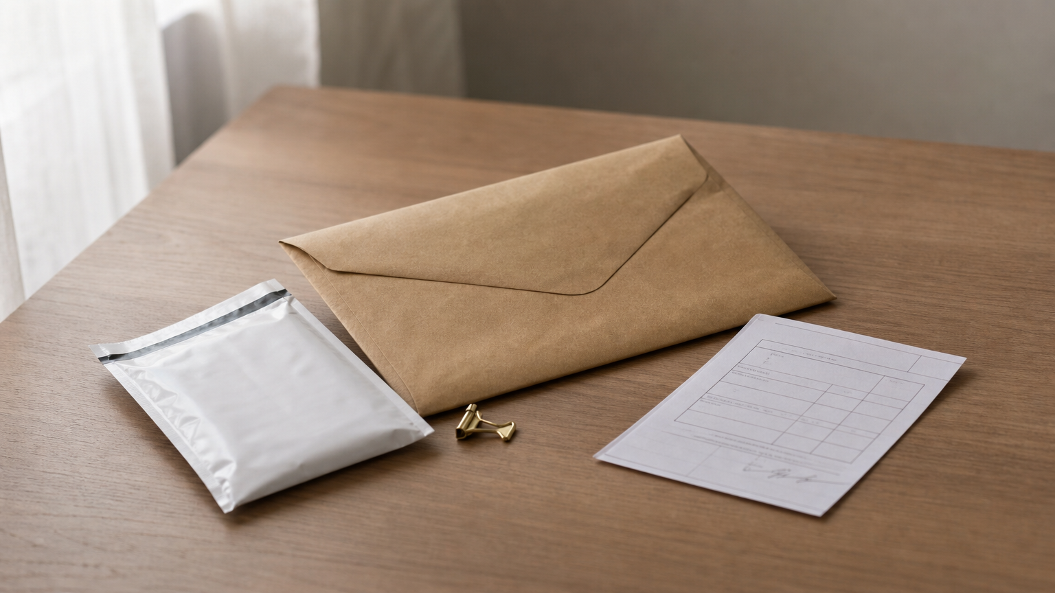 A registered mail envelope and signed courier receipt lying on a desk.
