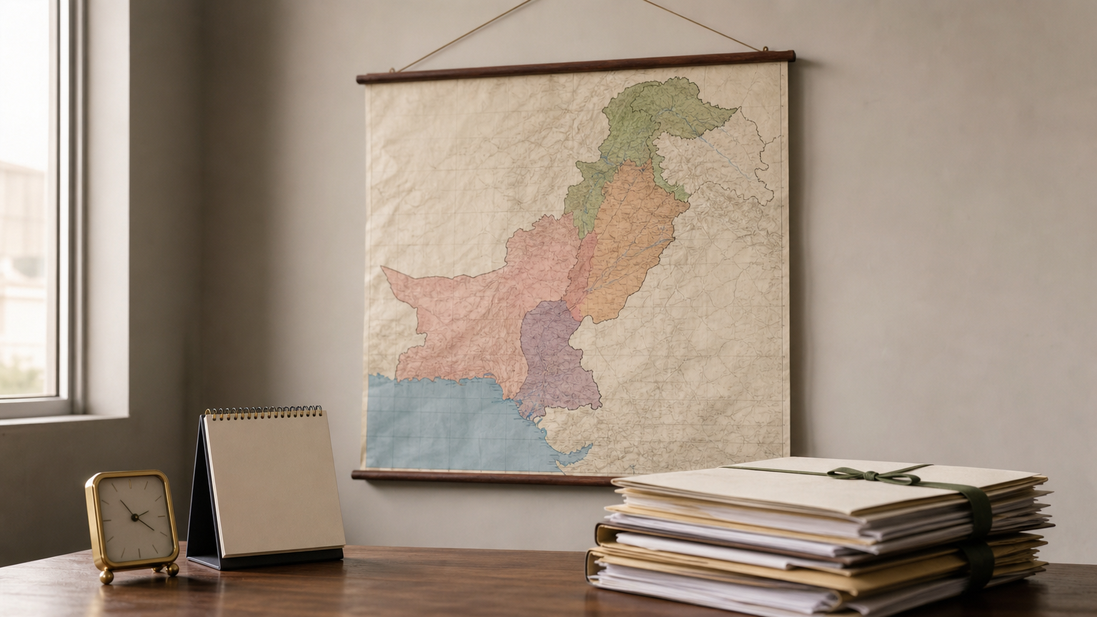 A map of Pakistan's provinces next to a calendar and clock with legal documents.