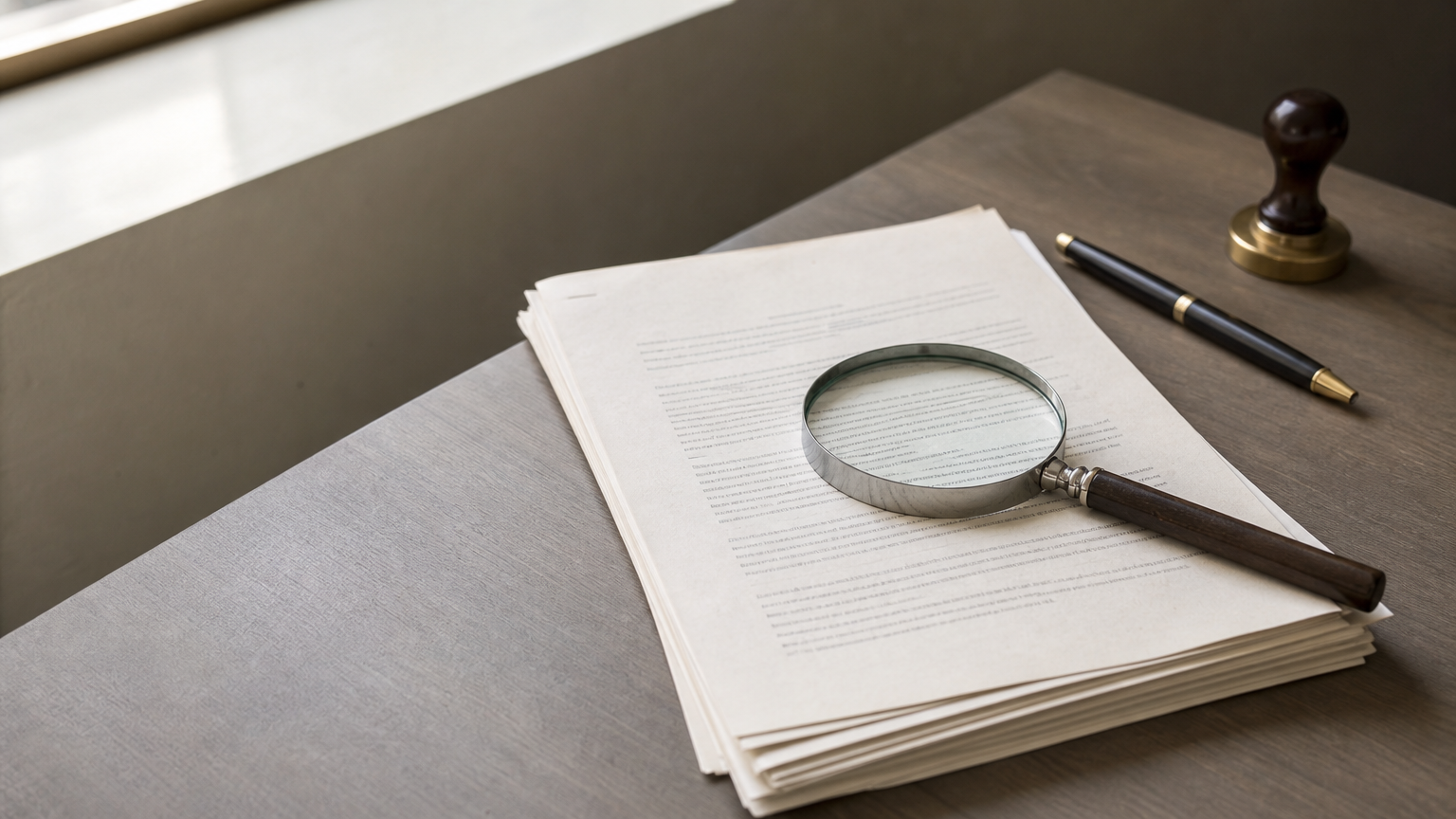 A printed legal notice with a pen, stamp, and magnifying glass on a desk.