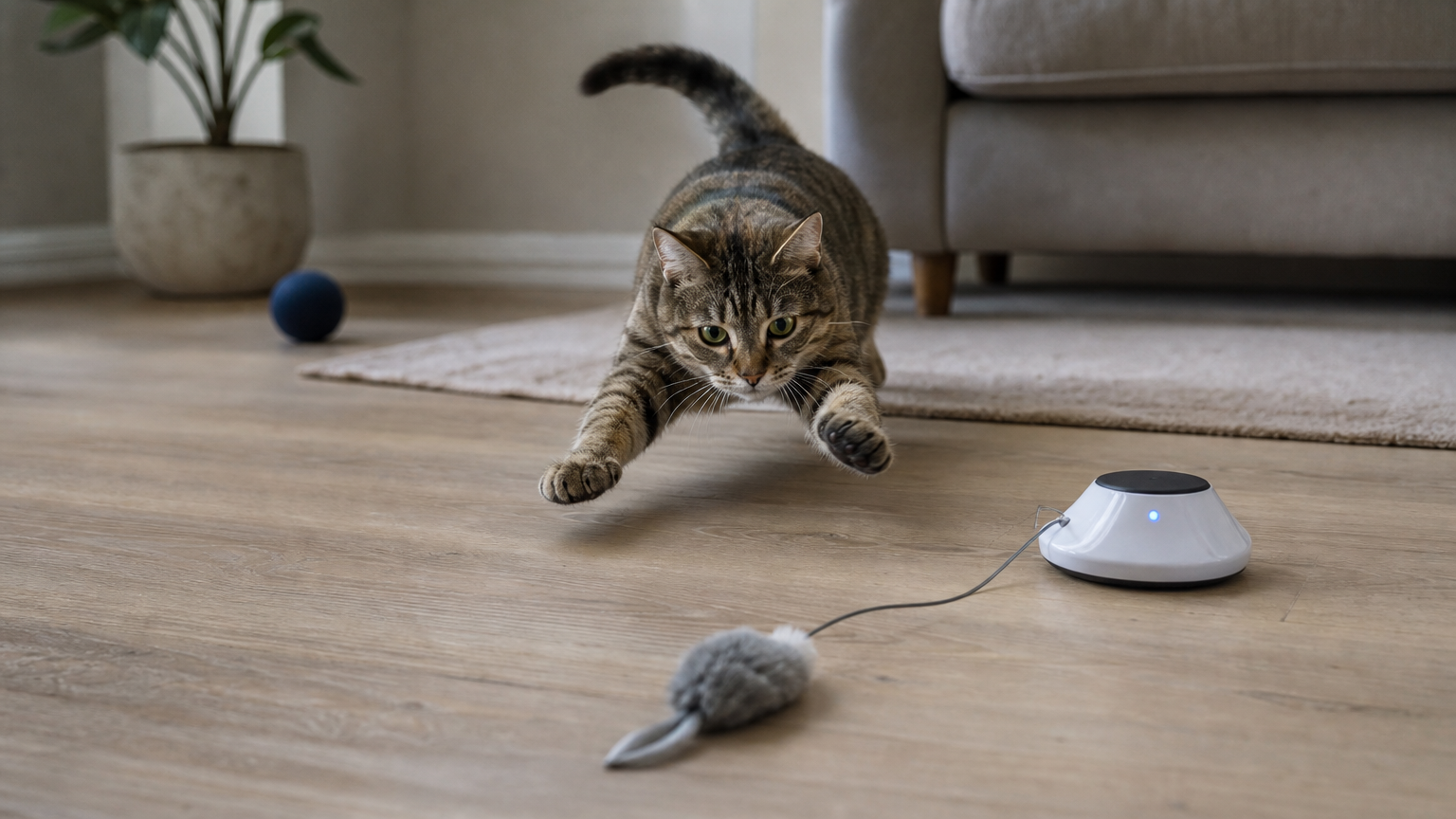 A cat pounces on a motorized interactive toy with a darting prey attachment in a living room.