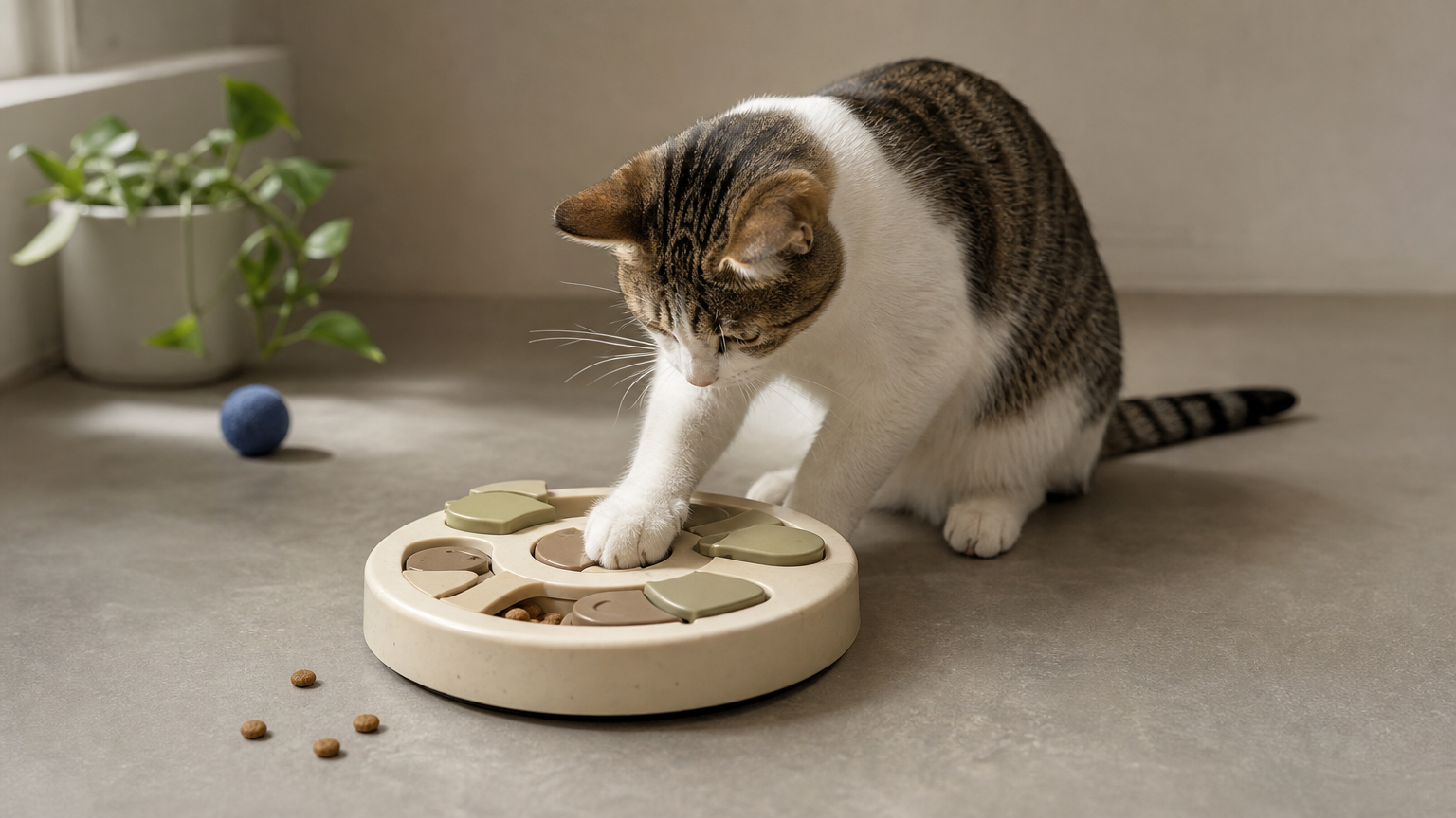 A cat paws at a treat-dispensing puzzle toy with kibble scattered around it.