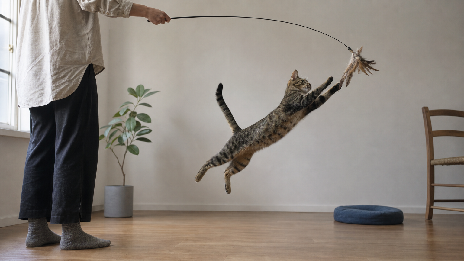 A person dangles a feather wand toy as a cat leaps to catch it.