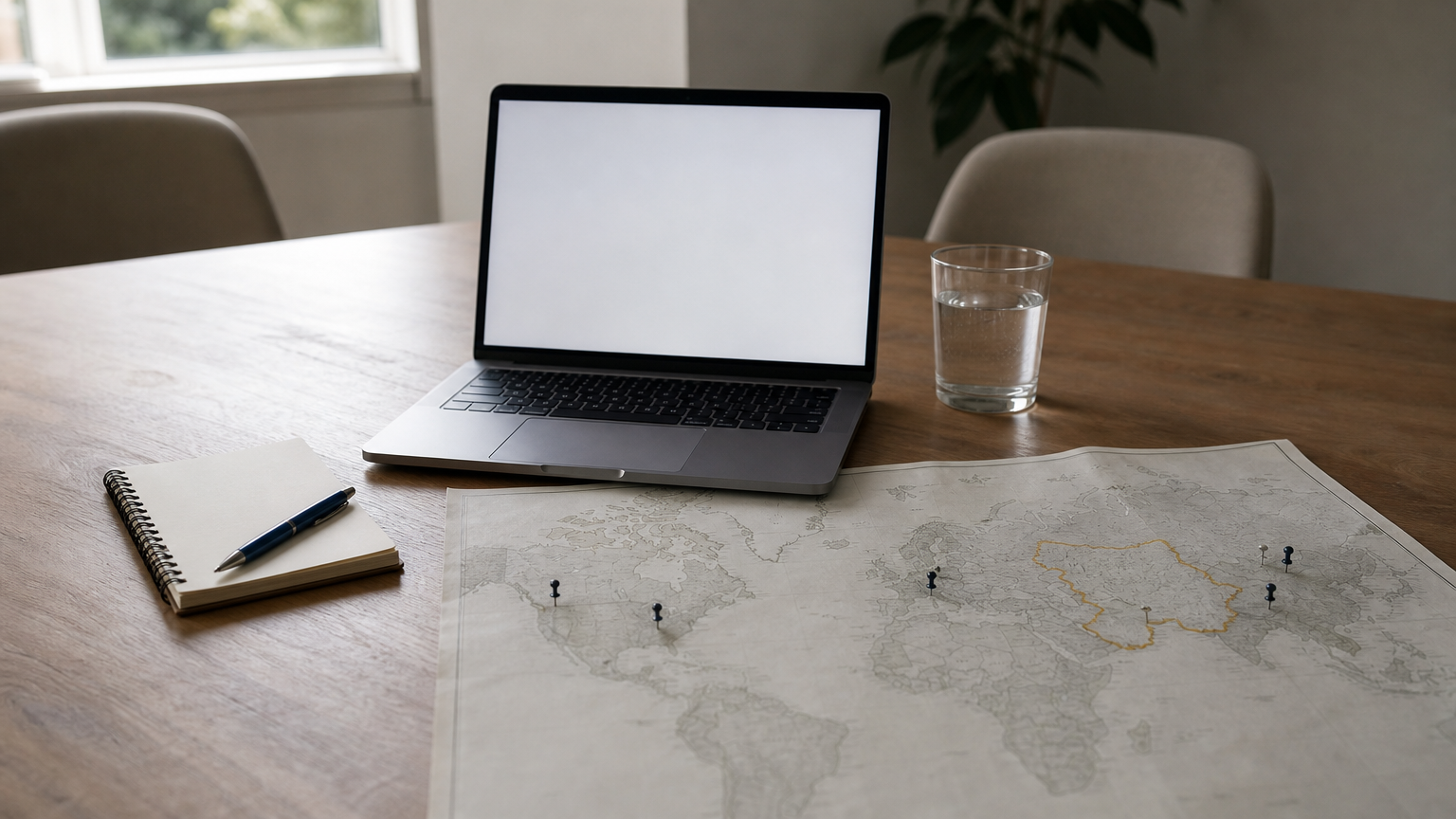 A map and document on a conference table used to define the boundaries of a policy.