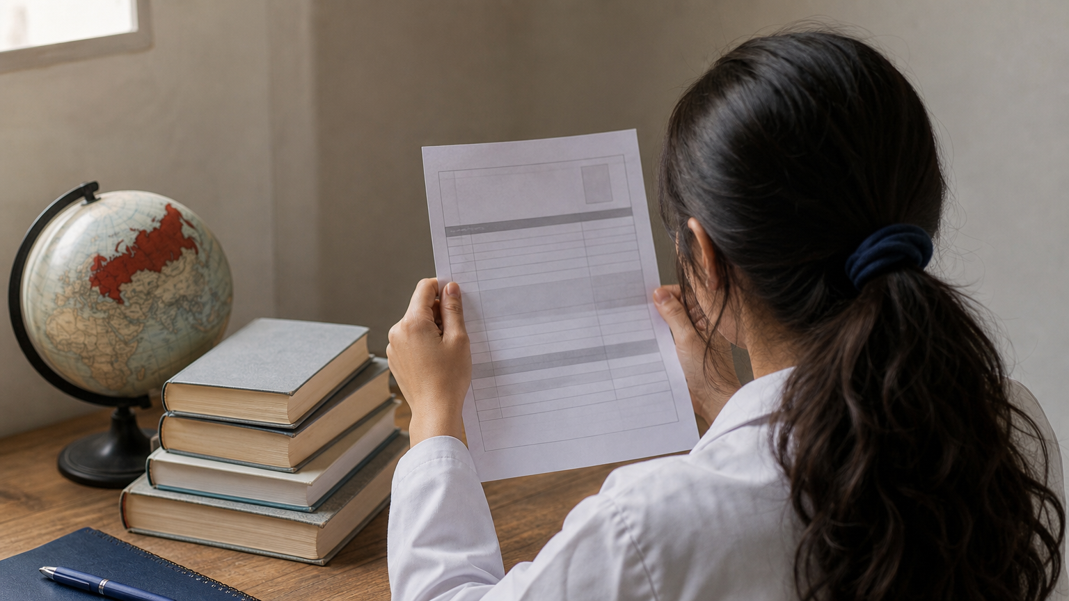 A student examines a NEET scorecard beside textbooks and a globe highlighting Russia.