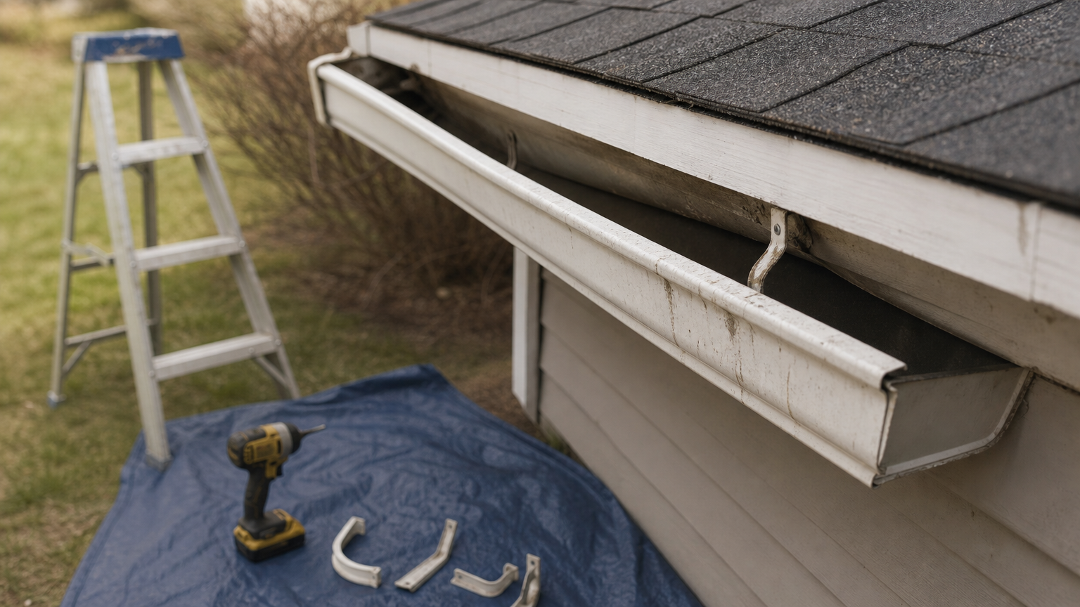A drooping gutter section next to a ladder and repair tools arranged on the ground.