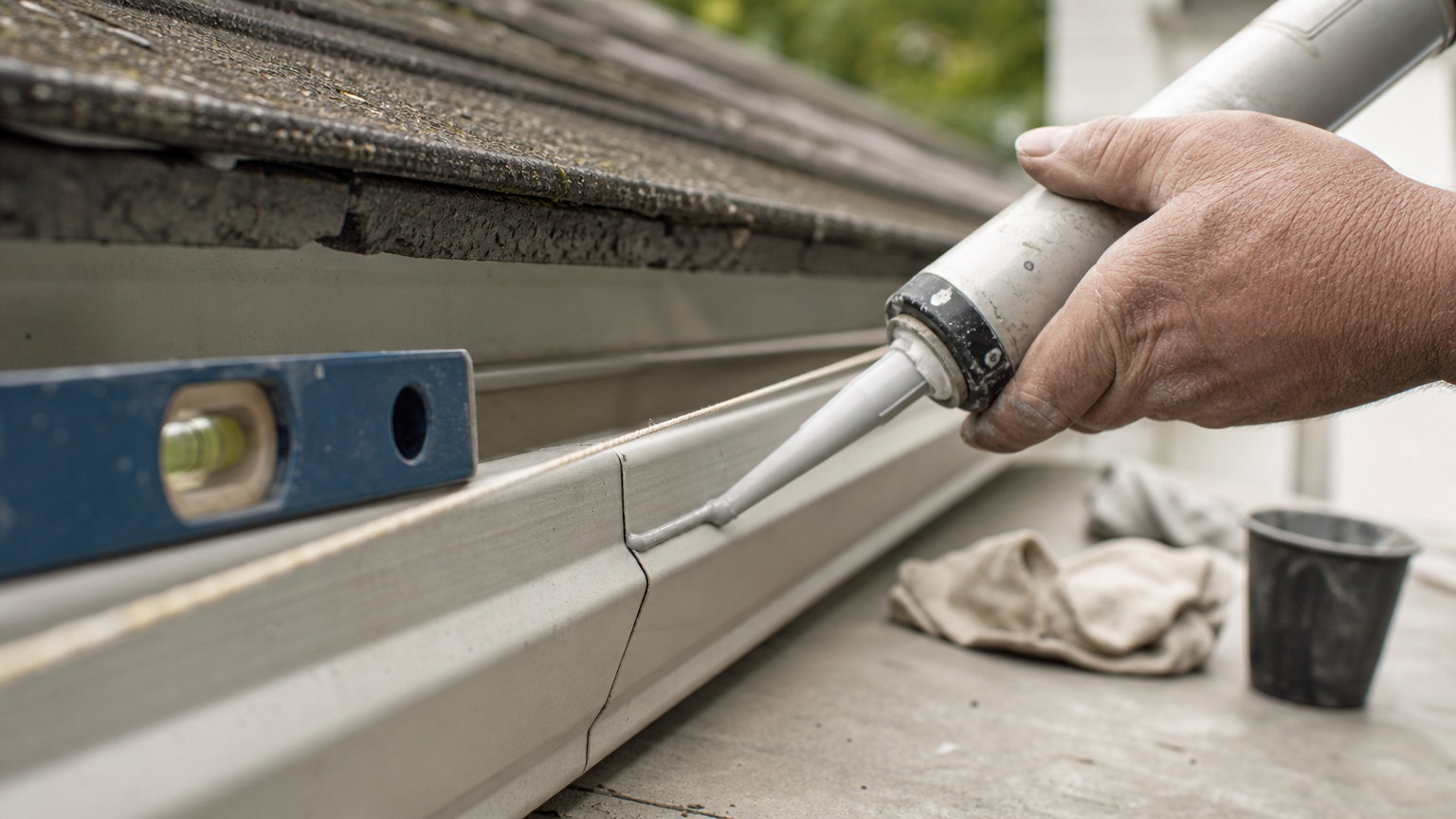 A string line and level held against a gutter while sealant is applied to a seam.