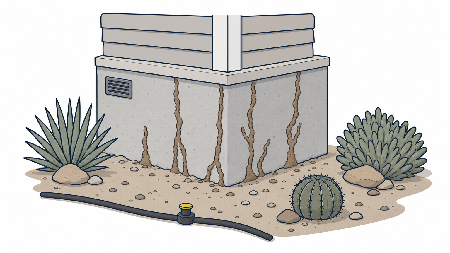 Mud tubes climbing up a home's concrete foundation near desert landscaping.