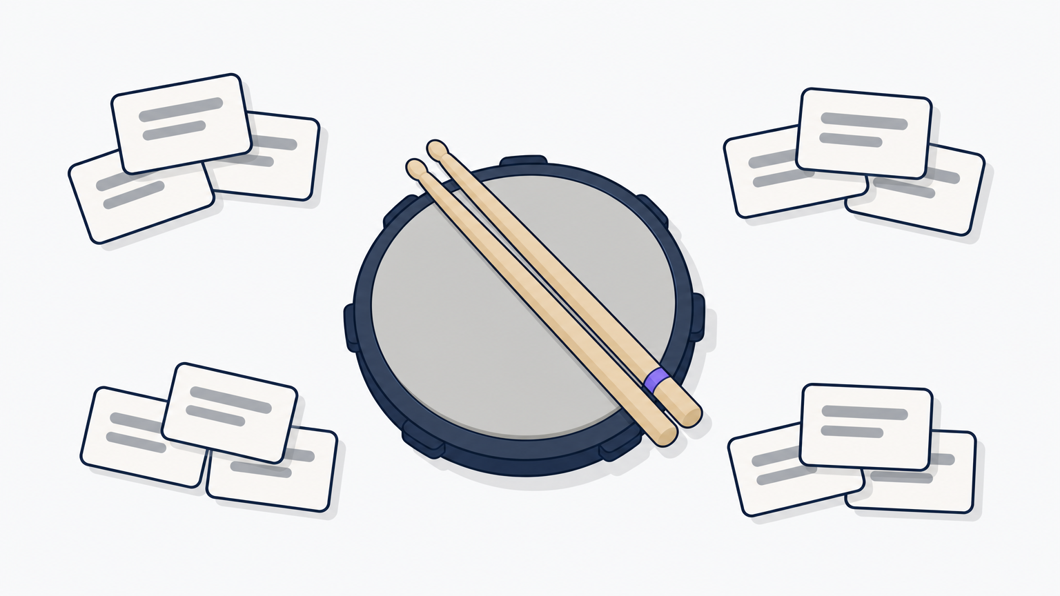 Drumsticks on a practice pad next to index cards grouped by rudiment family.