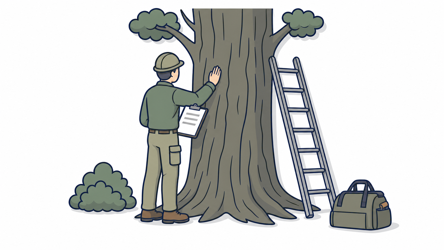 An arborist examines a large tree trunk in a yard while holding a clipboard.