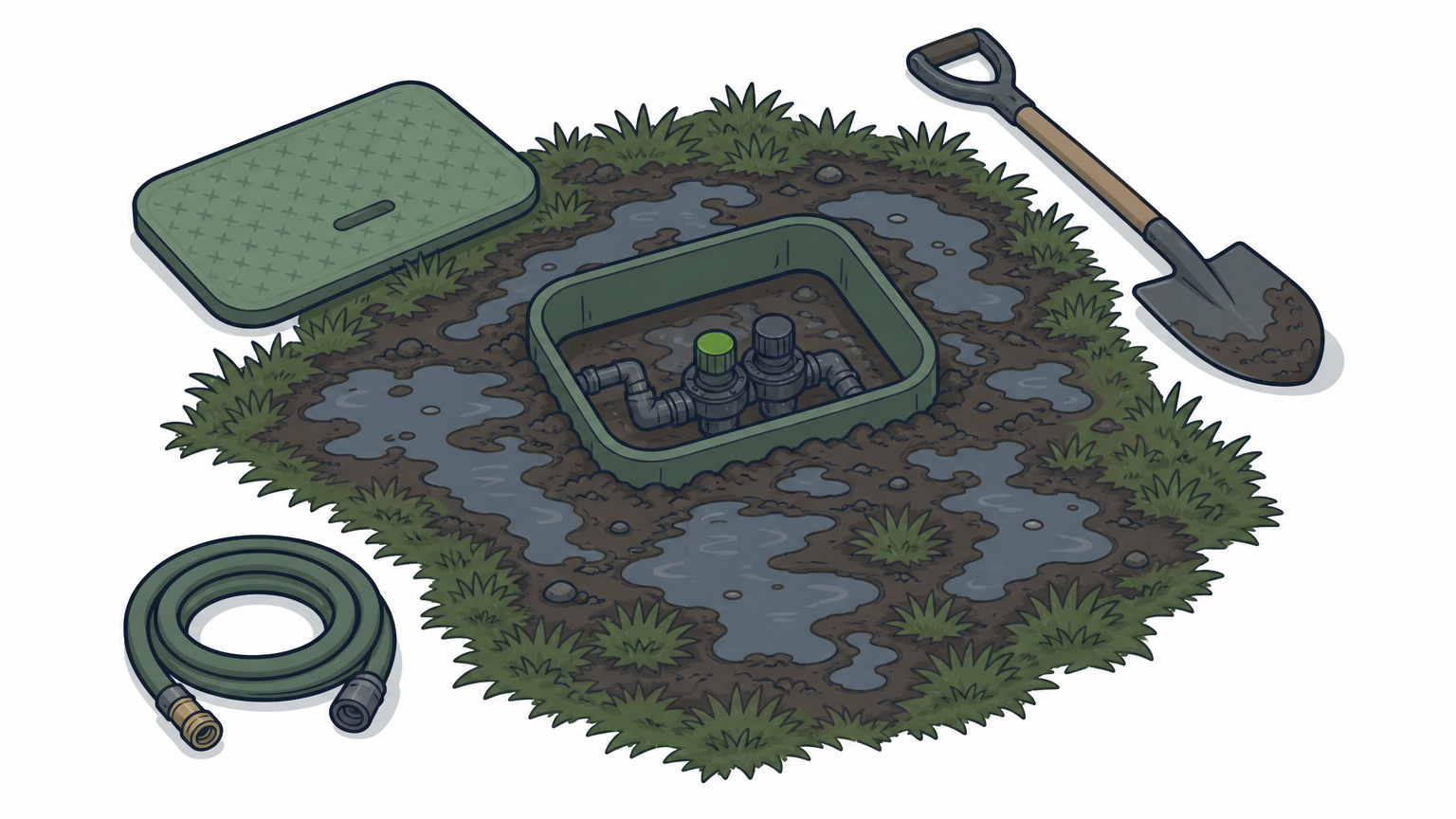 A soggy, muddy section of lawn pooling with water near a sprinkler valve box.