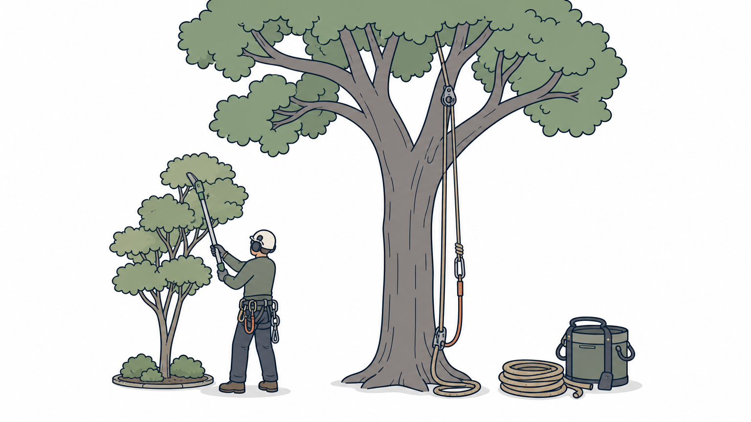 A worker trims a small tree with a pole saw while another tree nearby has climbing ropes rigged for a taller job.