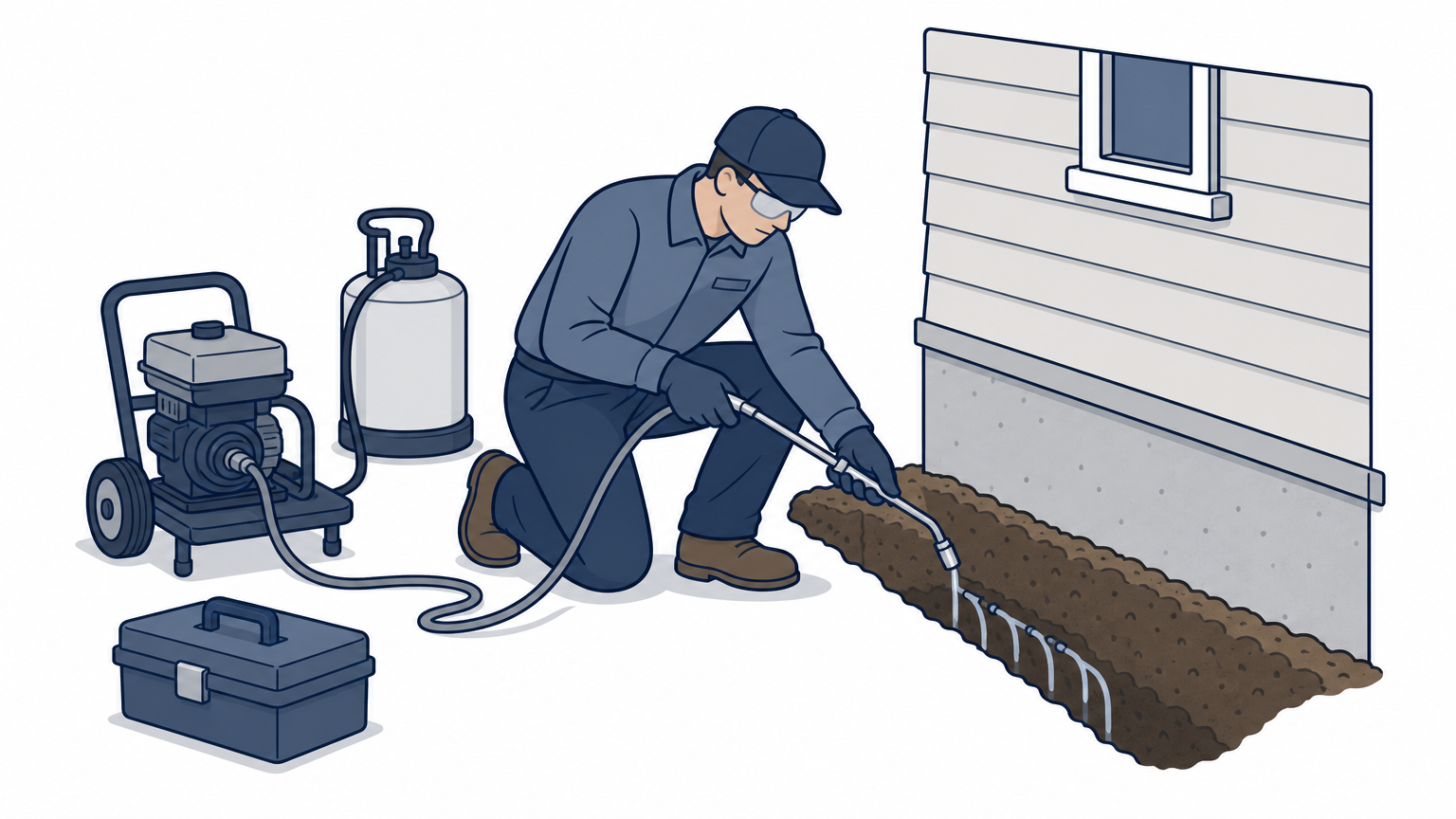 A pest control technician digging a trench and treating soil along a foundation.