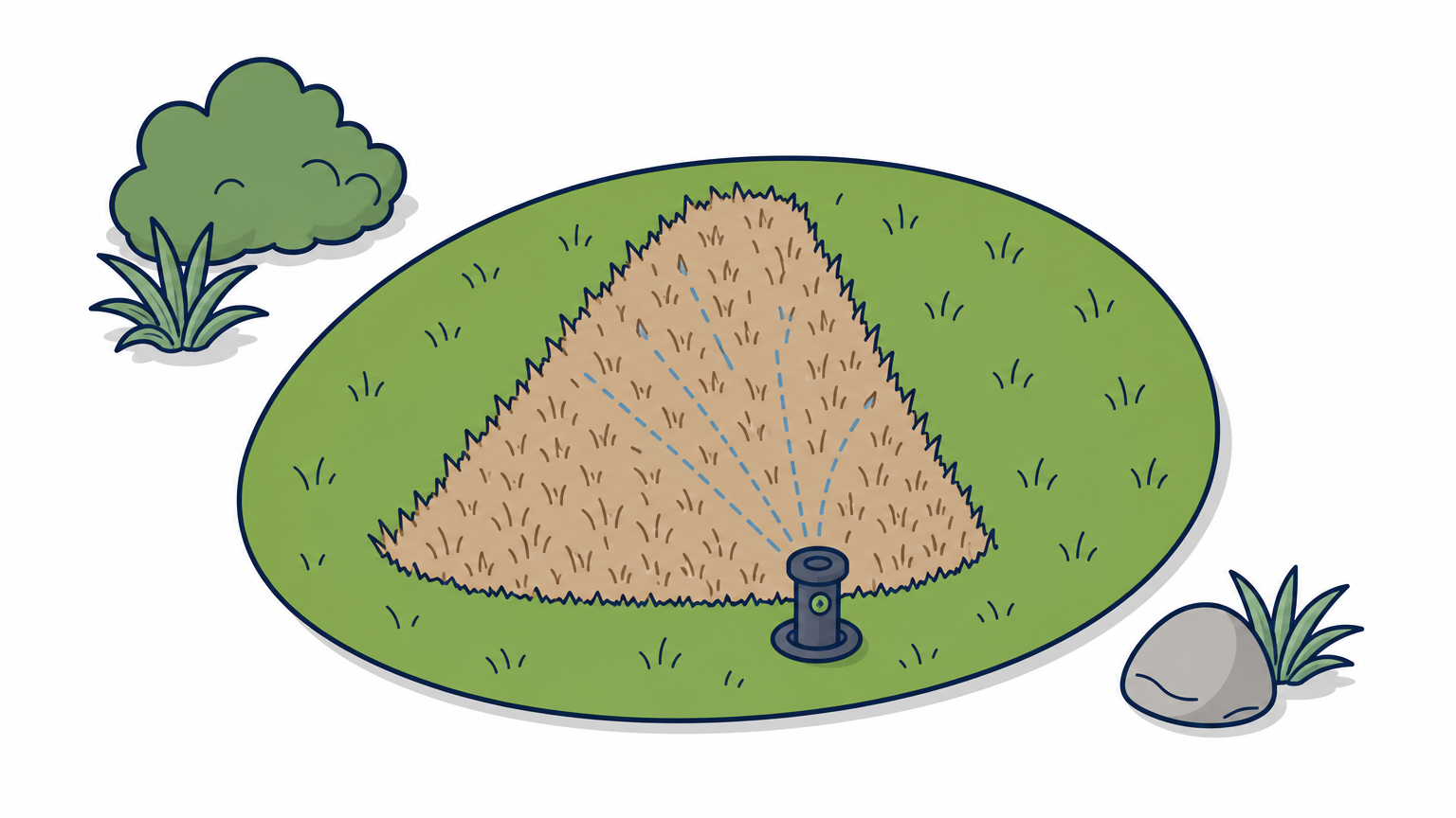 A dry, brown wedge of dead grass surrounded by healthy green lawn near a sprinkler head.