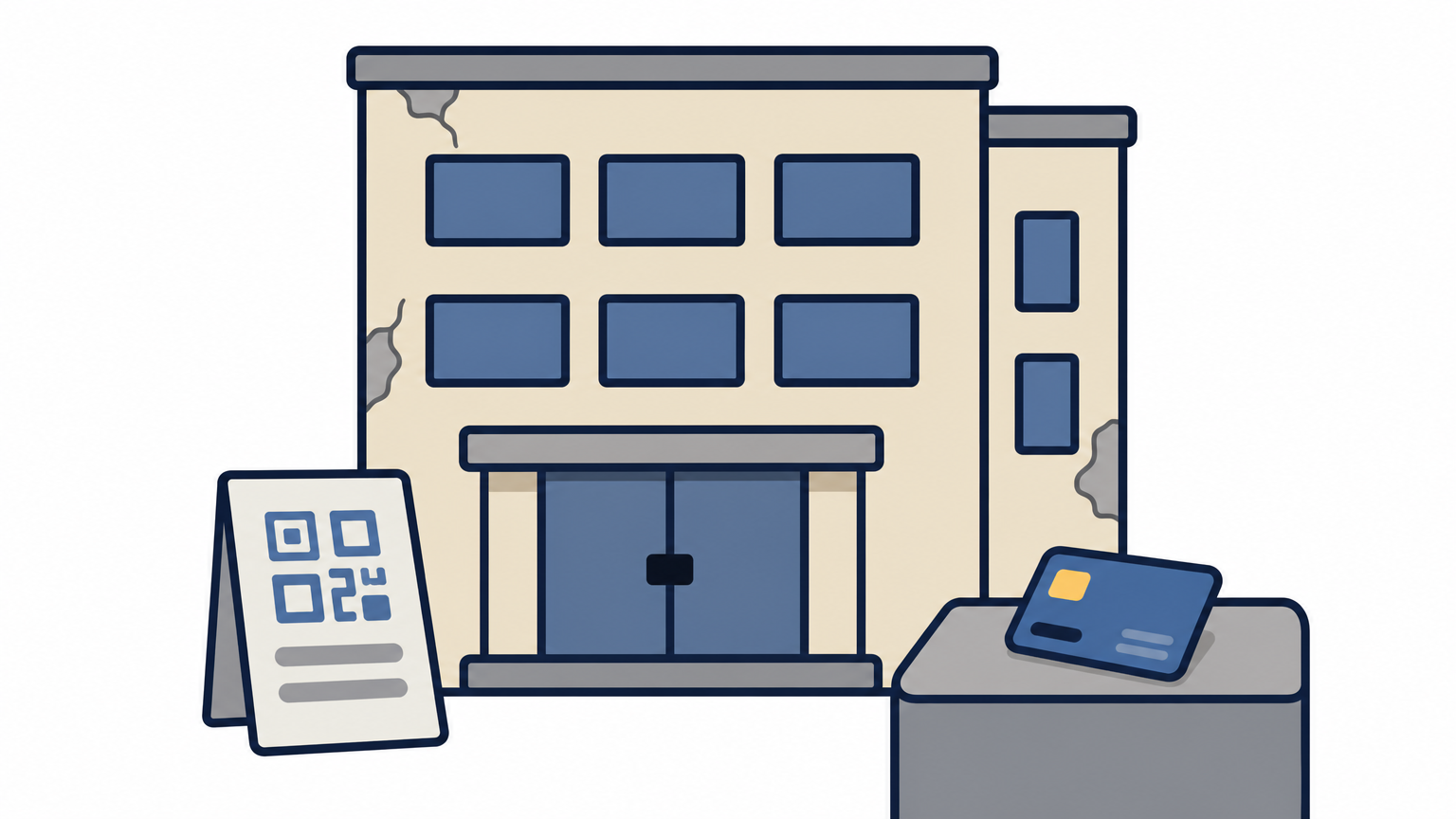 An older office building entrance with a QRIS sign and a payment card on a counter.