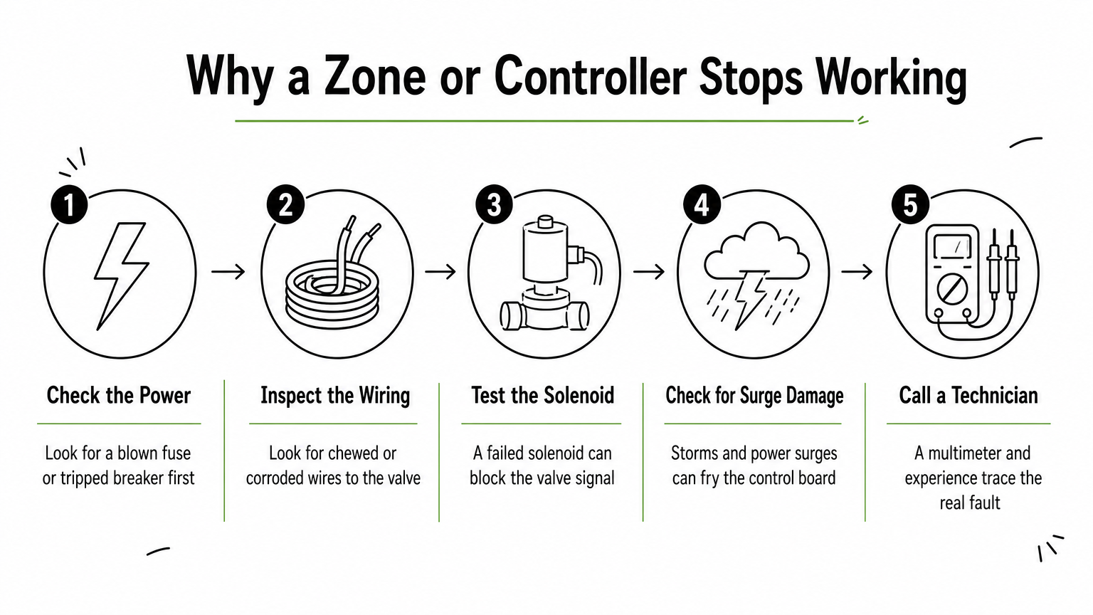 A five-step process diagram showing how to diagnose a failed irrigation zone or controller.