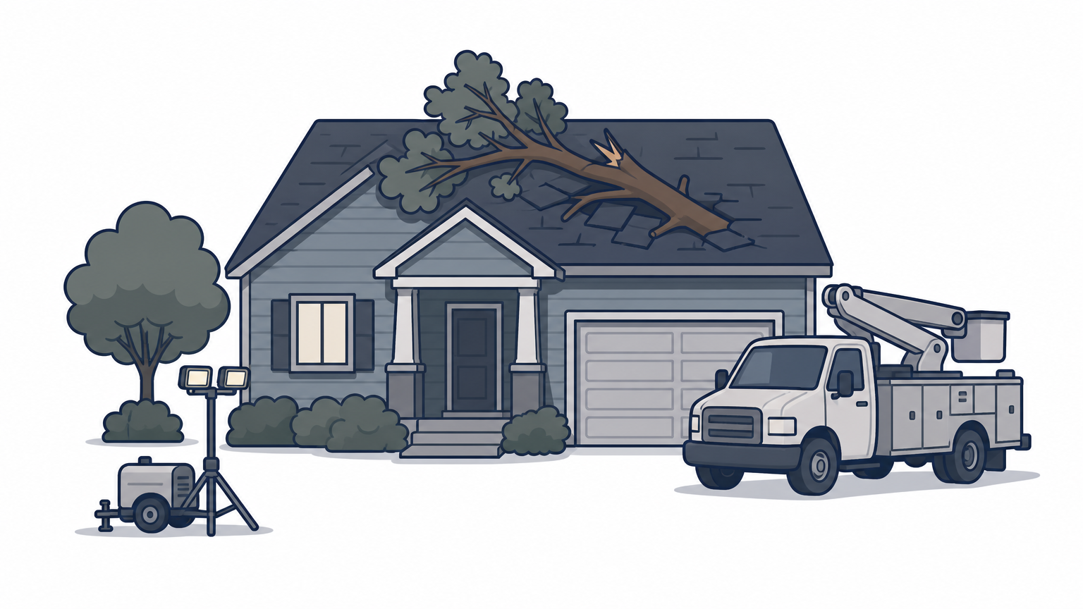 A fallen tree limb lies on a rooftop at night near a parked work truck with lights.
