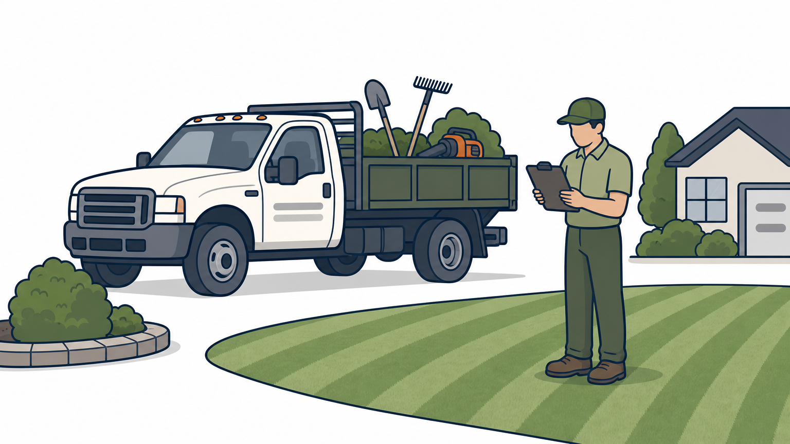 A landscaping crew truck parked on a residential street with a worker reviewing a clipboard.