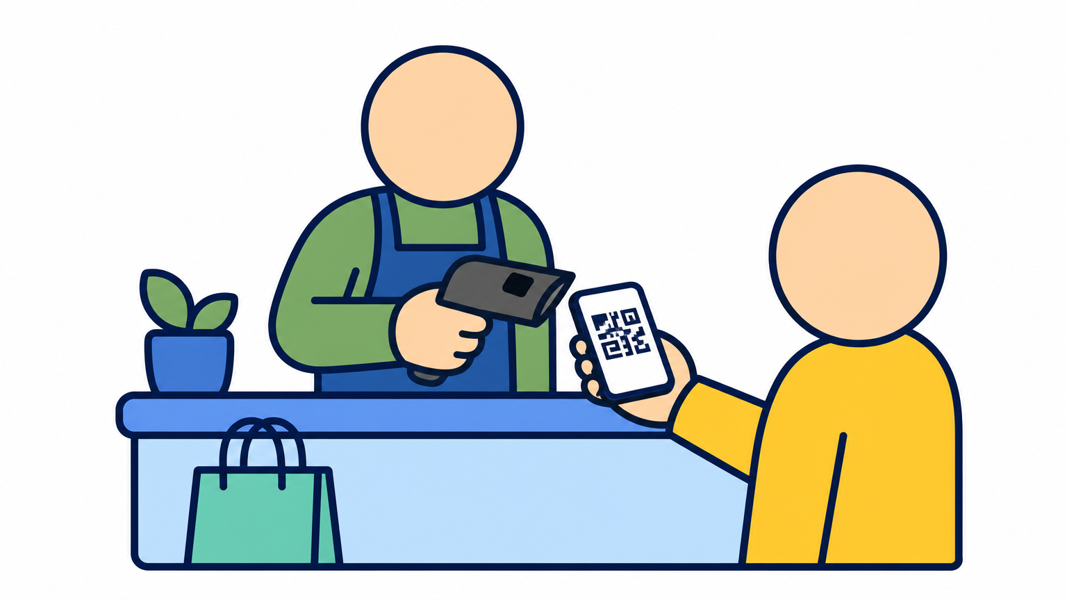 A shopkeeper scans a customer's phone to complete a QR code payment at a small counter.