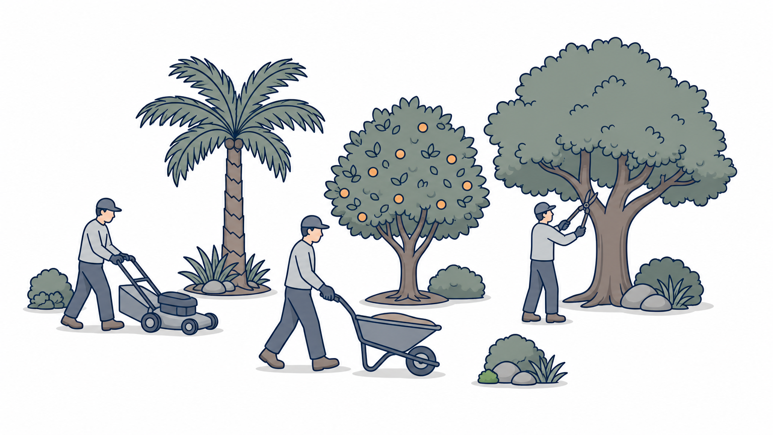 A tree crew moves between a palm, a citrus tree, and an oak in the same yard during one visit.