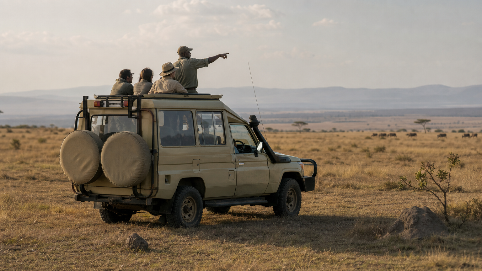 A private 4x4 vehicle with an open roof hatch parked on the Serengeti plains as a guide points toward wildlife.