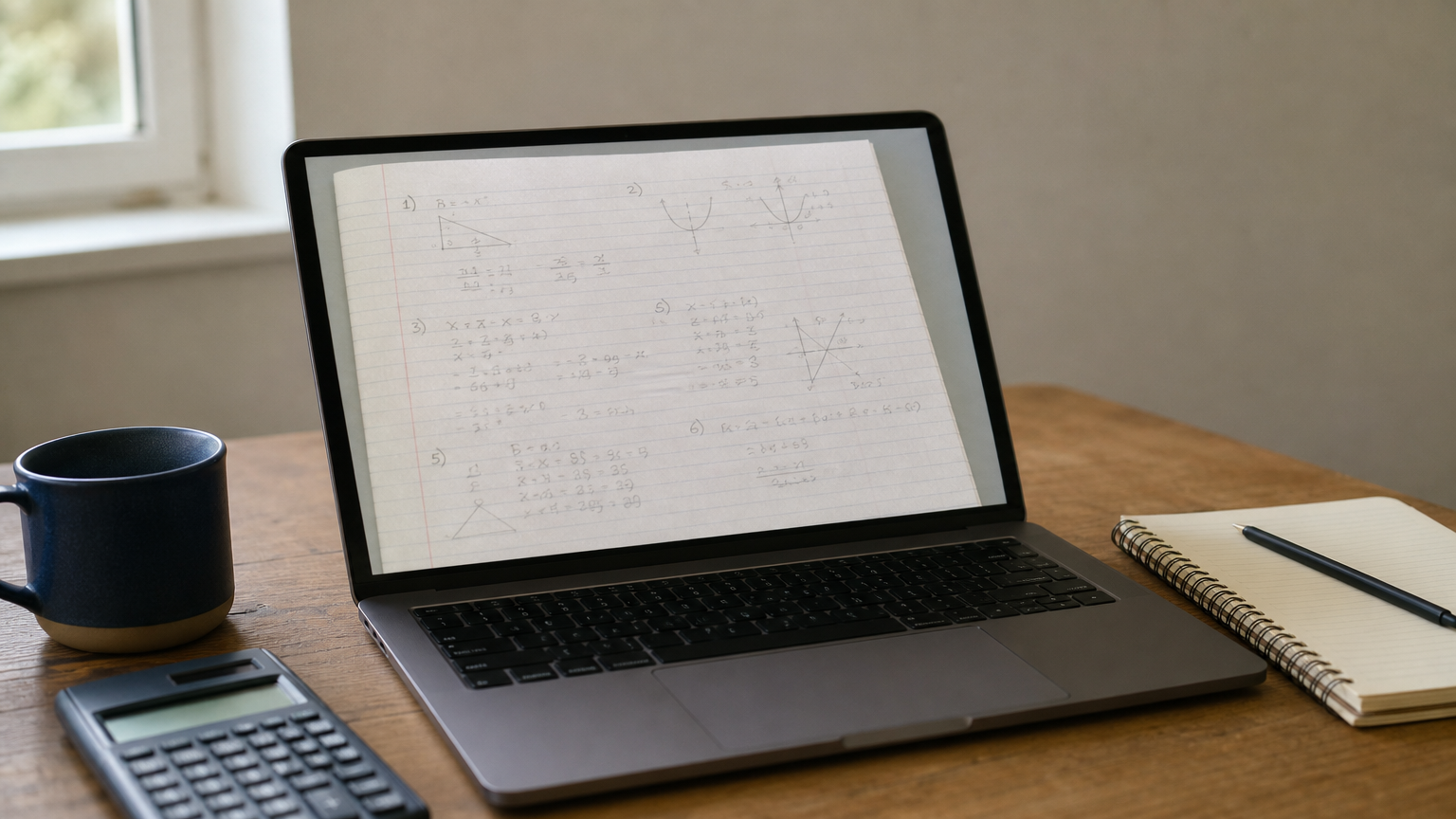 A tutor examines a student's math homework on a laptop surrounded by notebooks and a calculator.