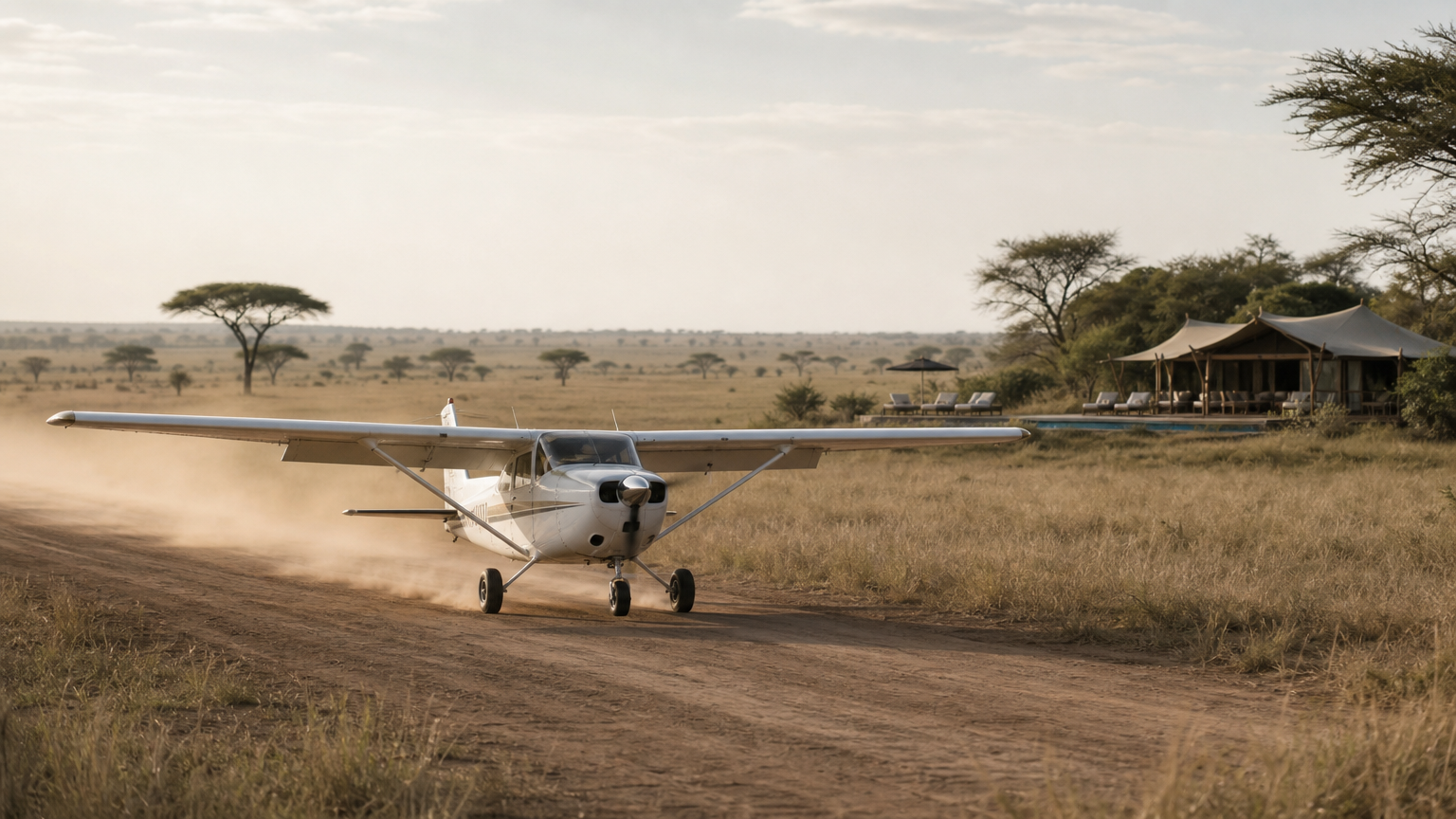 A small bush plane on a dirt airstrip near a luxury tented safari camp with a plunge pool.