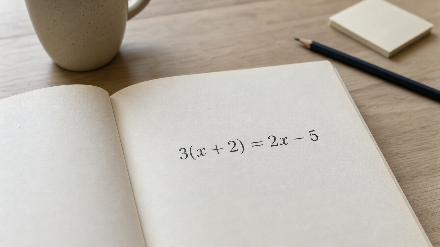 A smartphone camera hovers over a printed algebra equation in an open textbook.