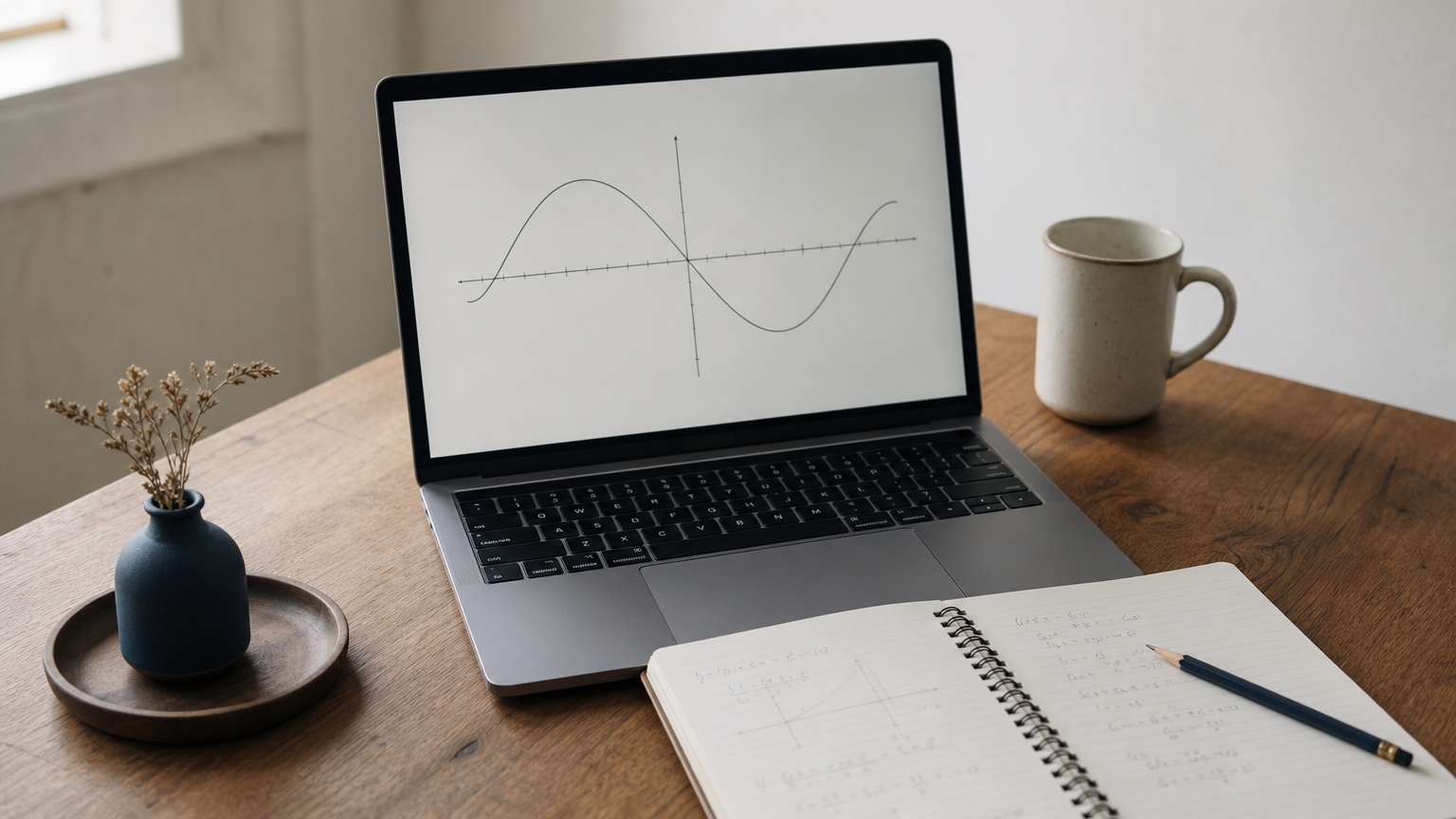 A laptop displays a function graph beside a notebook with handwritten calculations and a pencil.