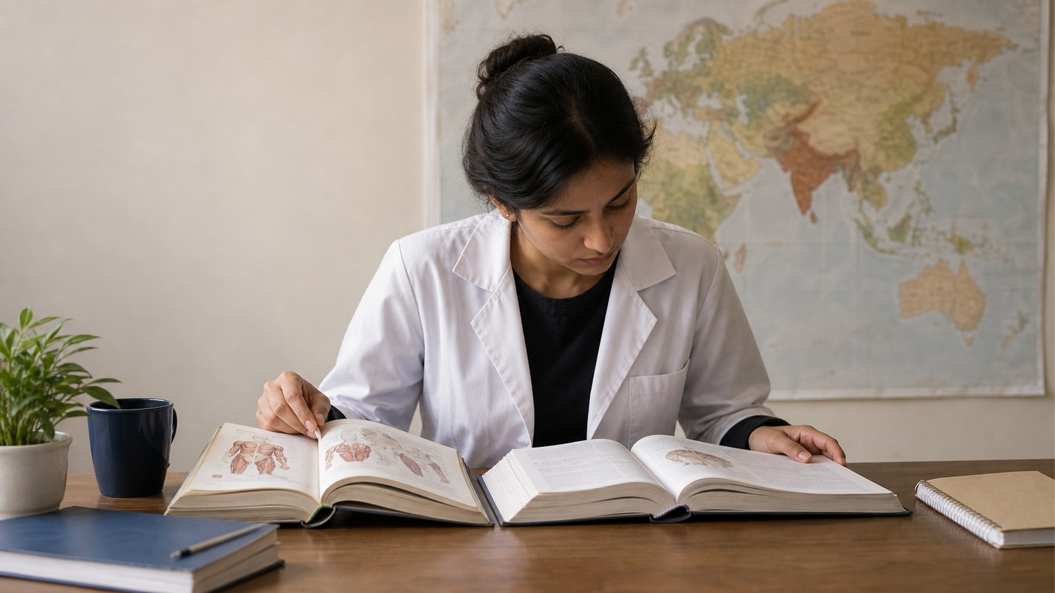 A medical student compares a foreign textbook with an Indian medical textbook at a desk.
