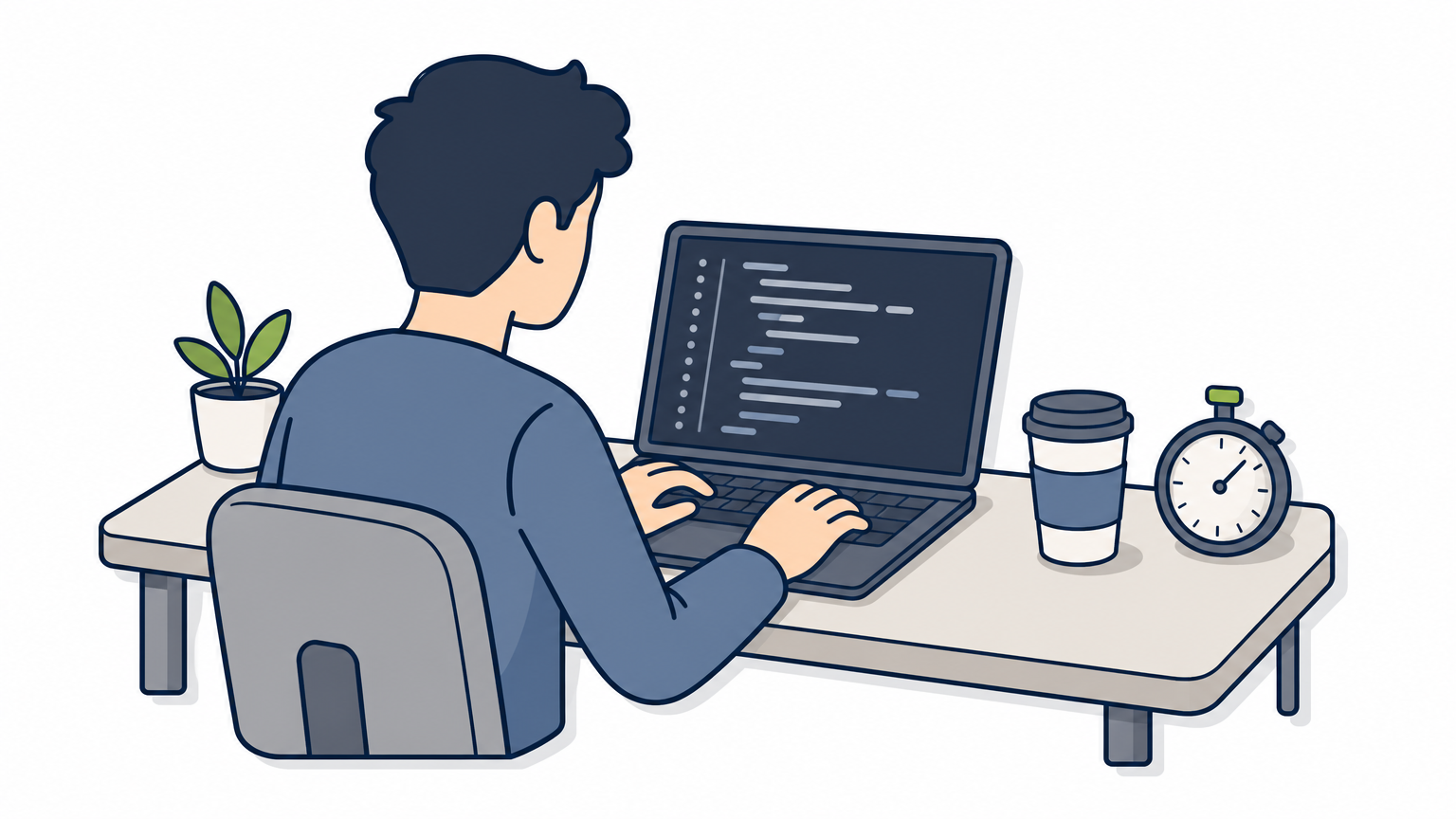 A developer works on a laptop with code on screen next to a stopwatch and coffee cup.