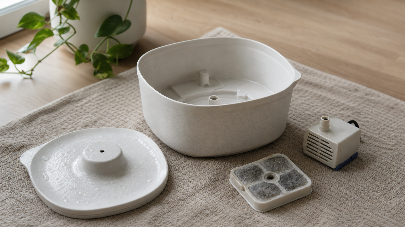 Cat water fountain taken apart into lid, bowl, pump, and filter pieces on a towel.