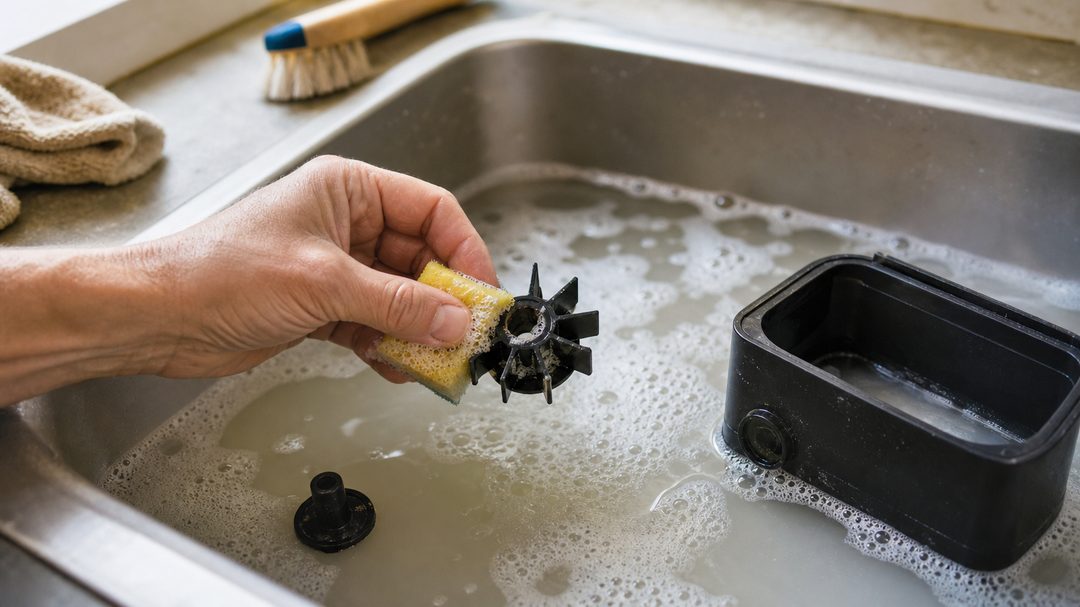 Hand scrubbing a cat fountain pump impeller with a sponge in soapy water.