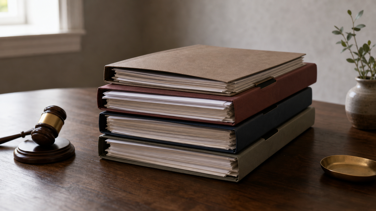 A stack of labeled document folders on a table with a gavel resting beside them.