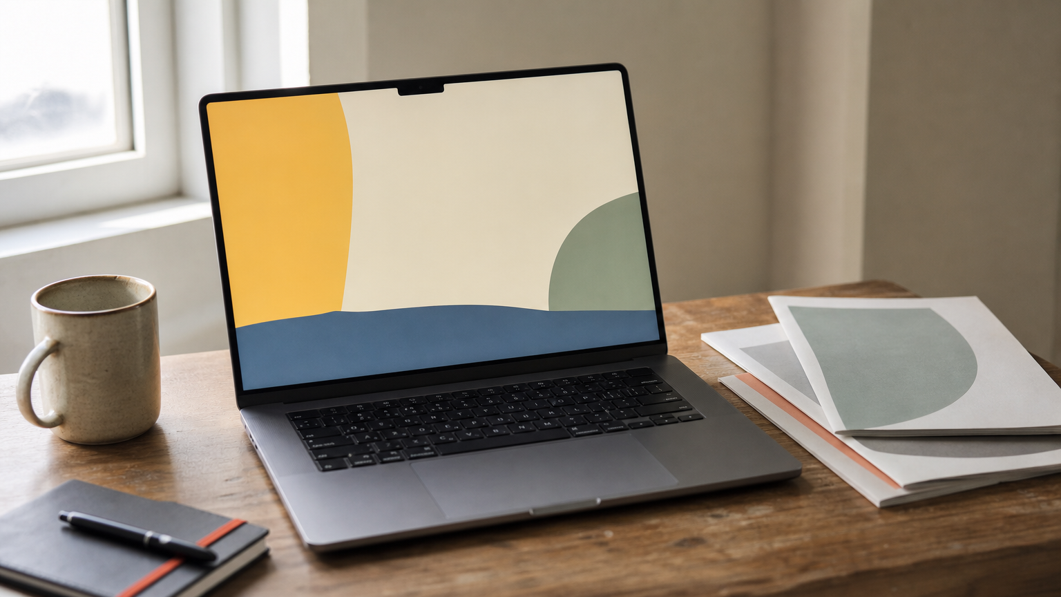 Laptop displaying a homepage hero section beside printed mockups of about, services, and contact pages.