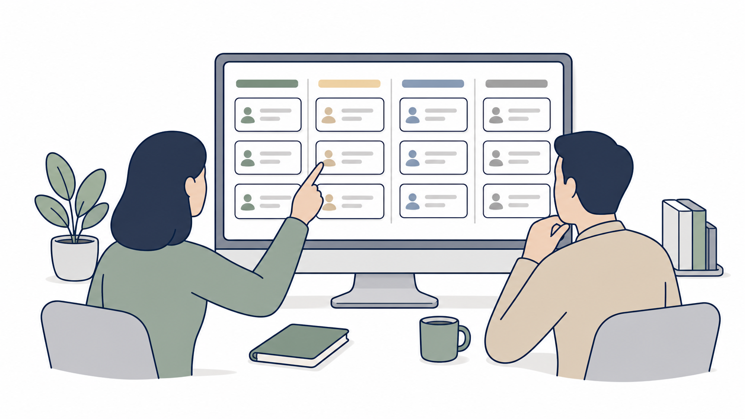A recruiter and hiring manager looking together at a shared candidate pipeline on screen.