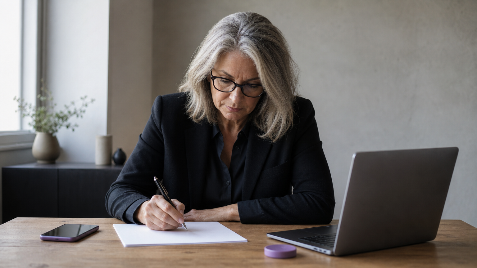 A senior PR practitioner writes a press release alone at her desk with a laptop and phone.
