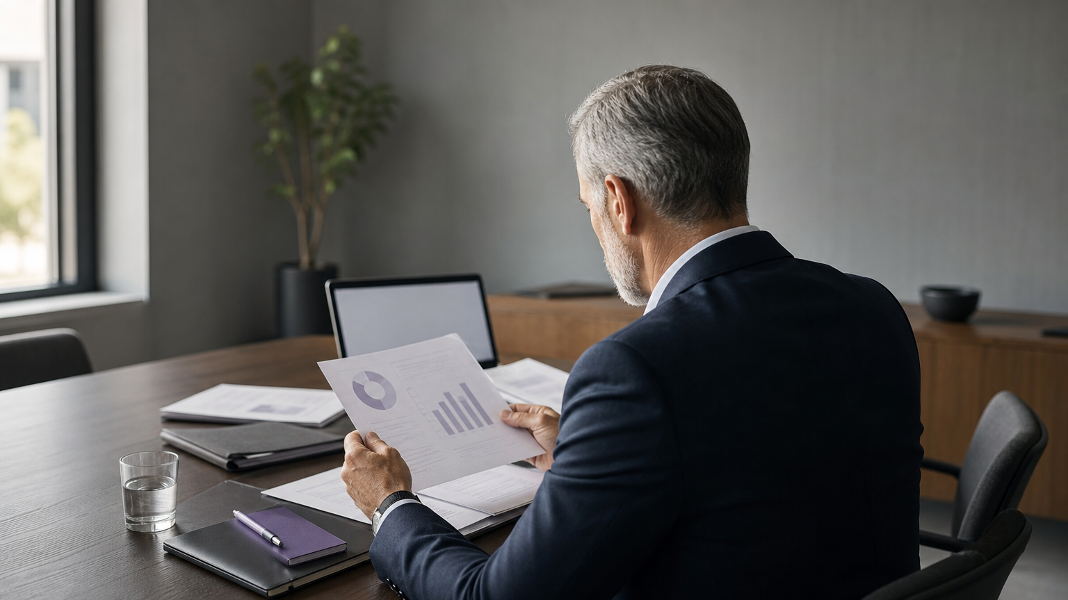 Executives review documents and a laptop in a meeting room before approving a corporate statement.