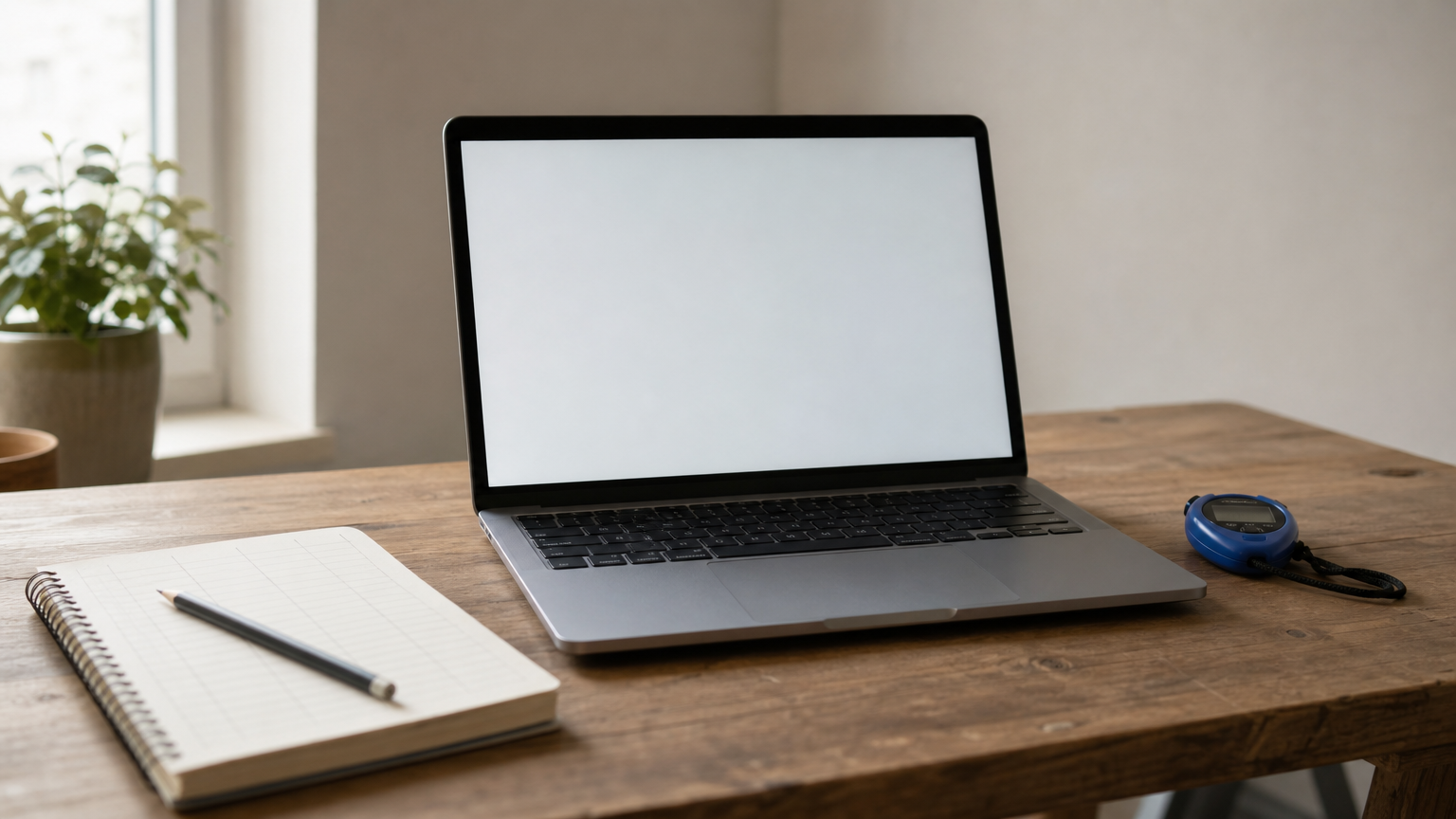 A laptop showing practice questions next to a notebook score log and a stopwatch.