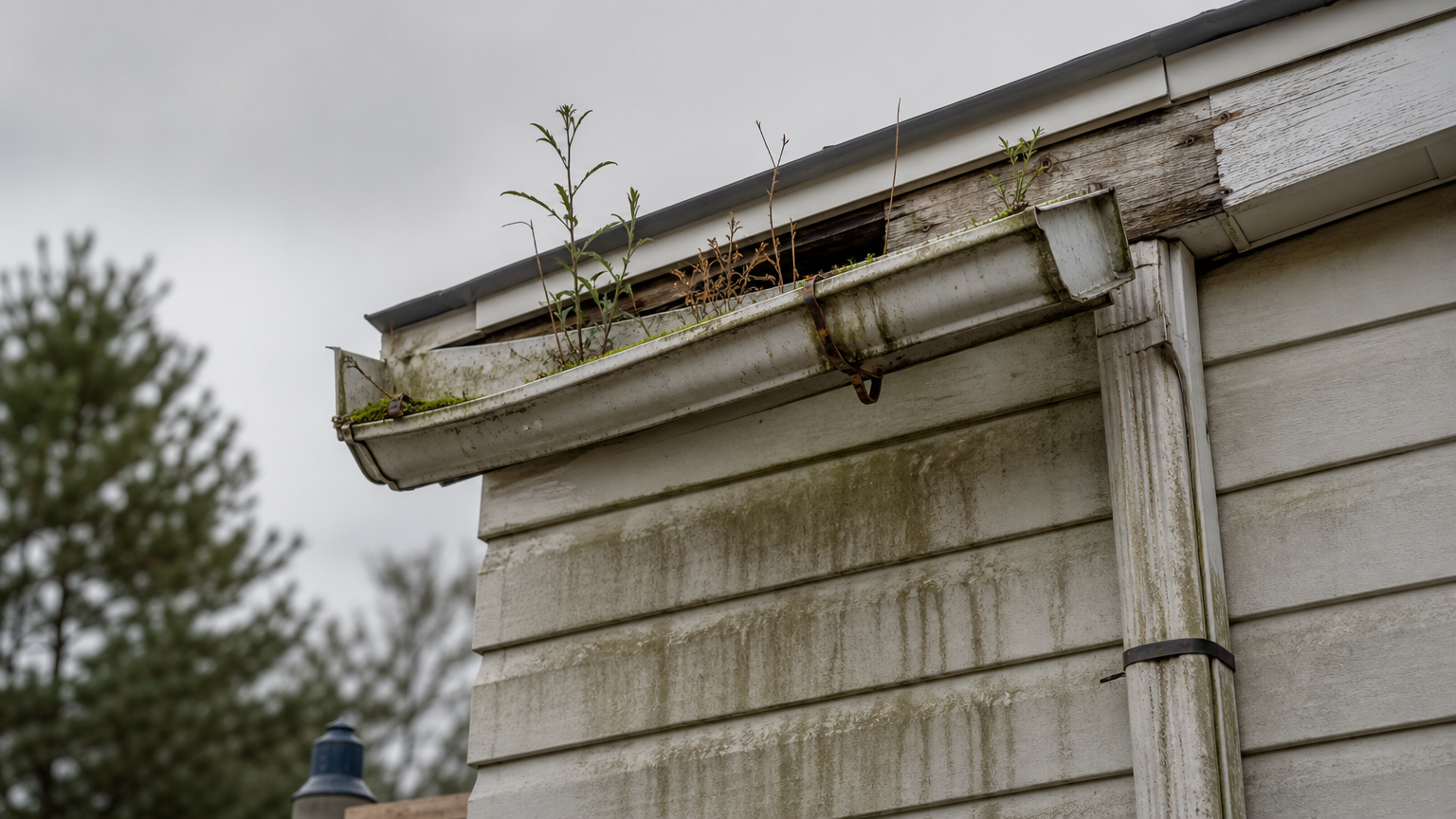 A sagging, overflowing gutter pulling away from the fascia with weeds growing inside it.
