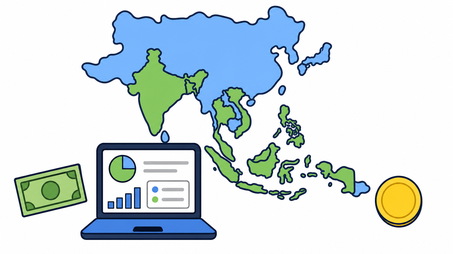 A world map highlighting several Asian countries with a laptop displaying a payment dashboard beside it.