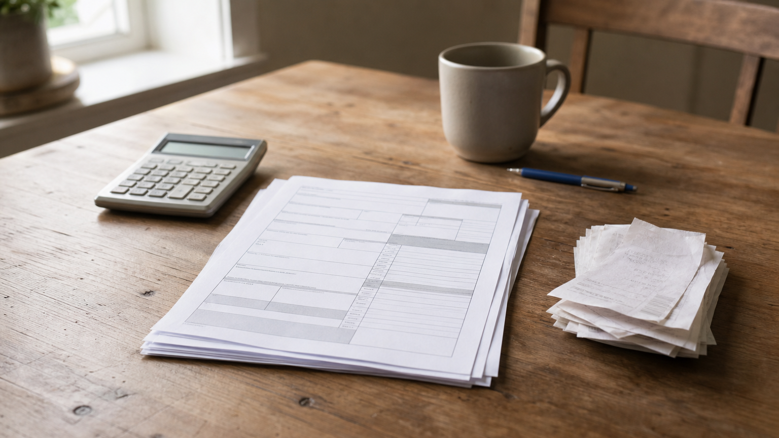 A 1099-C tax form sits on a table beside a calculator and stacked receipts.